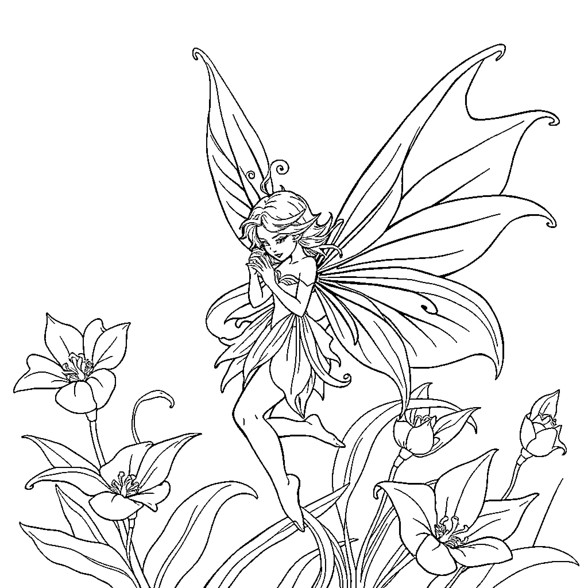 Lily's Enchanted Floral Exploration Coloring Page (free black-and-white line drawing printable PDF for all, from beginners to advanced learners, including children, teens, adults, and seniors)