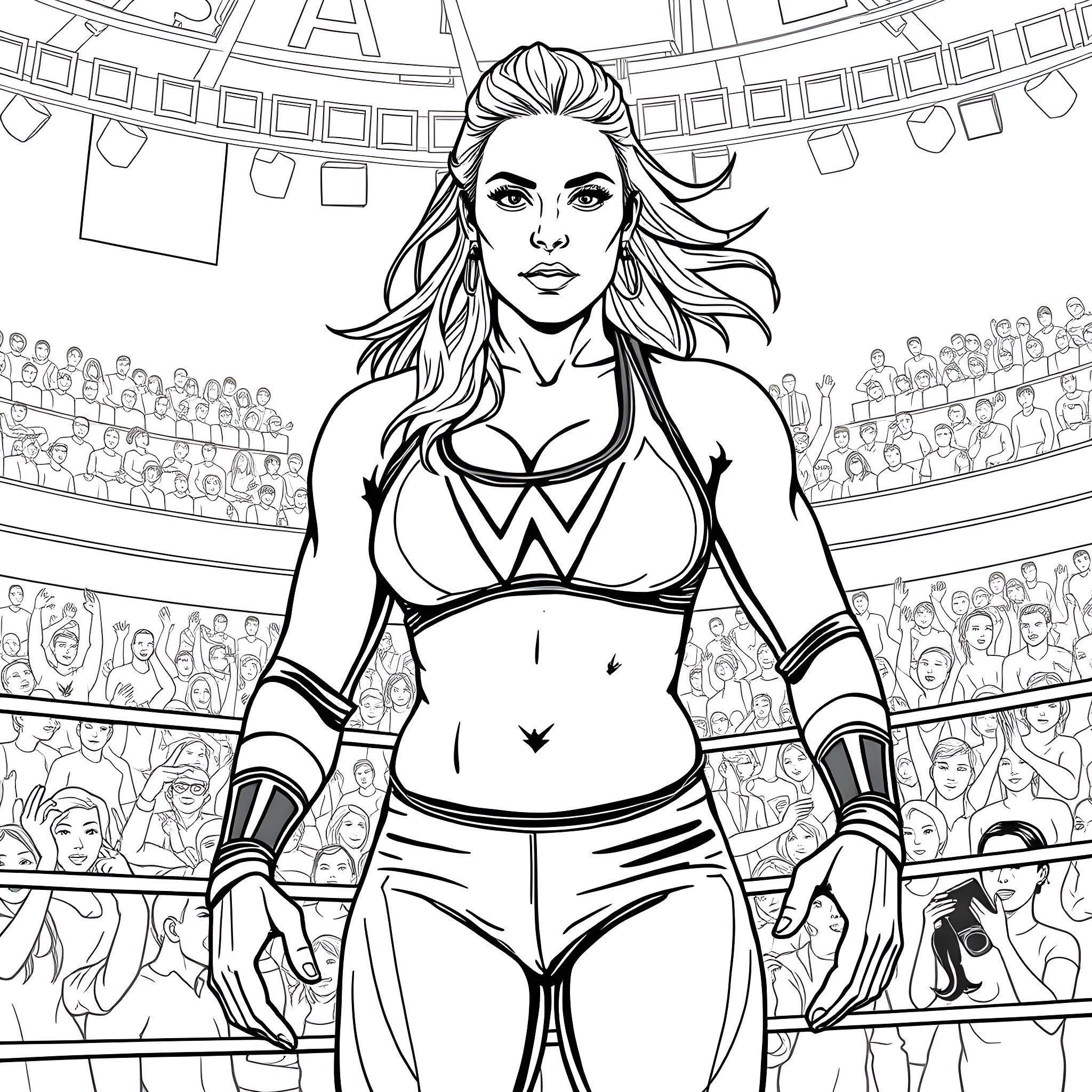 Rhea Ripley in the wrestling ring Coloring Page (free black-and-white line drawing printable PDF for all, from beginners to advanced learners, including children, teens, adults, and seniors)