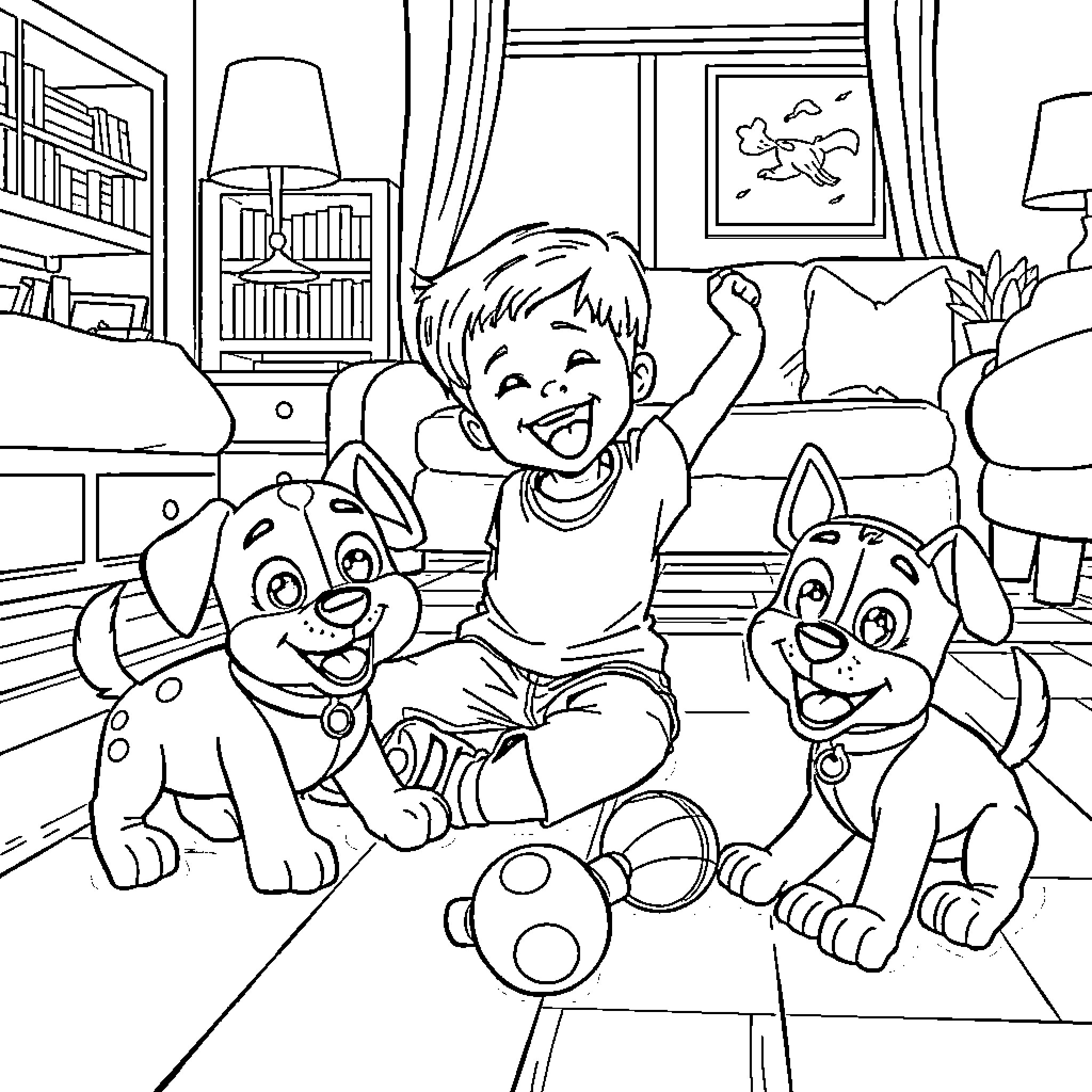 Boy playing happily with puppies in the living room Coloring Page (free black-and-white line drawing printable PDF for all, from beginners to advanced learners, including children, teens, adults, and seniors)
