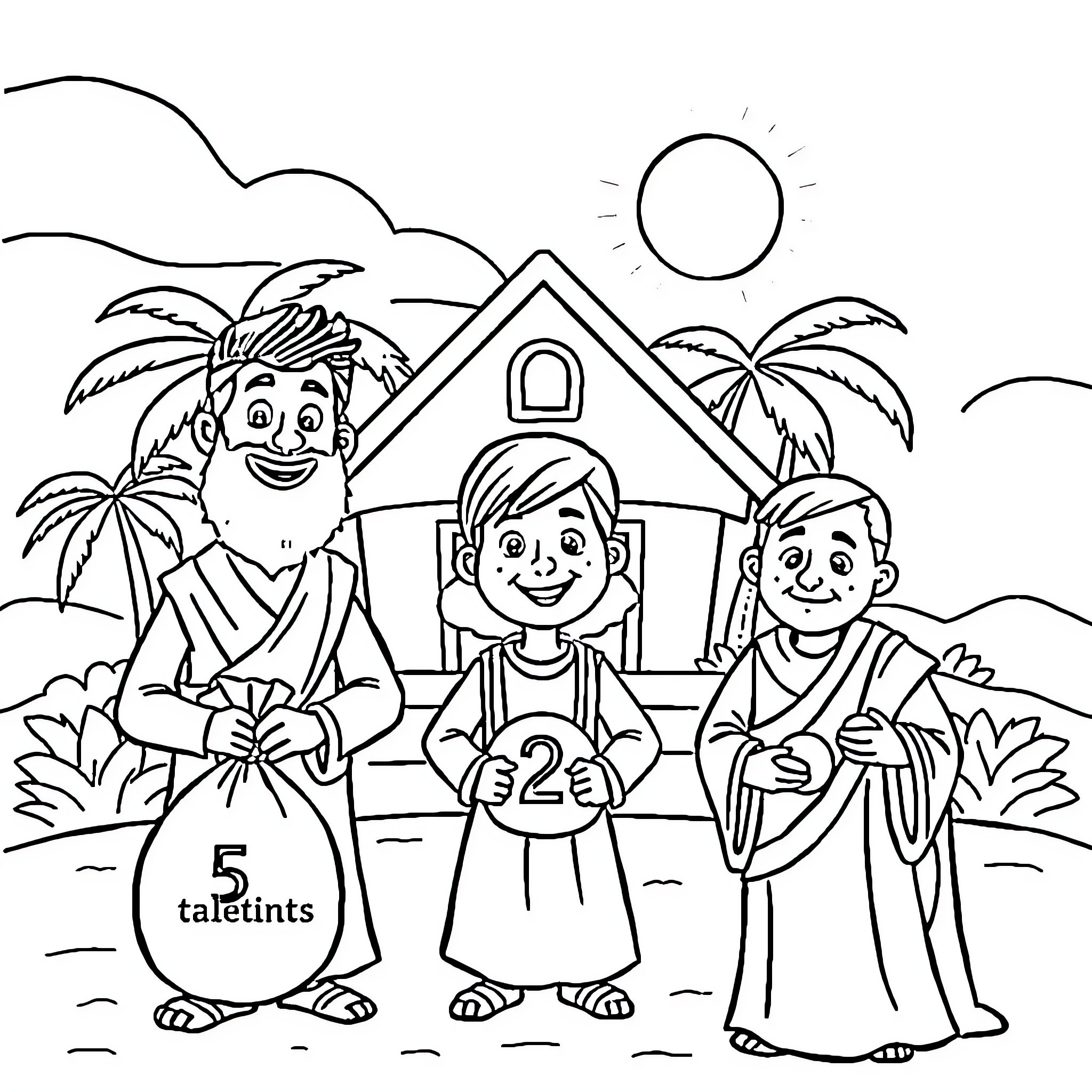 Parable of the Generous Neighbors Coloring Page (free black-and-white line drawing printable PDF for all, from beginners to advanced learners, including children, teens, adults, and seniors)