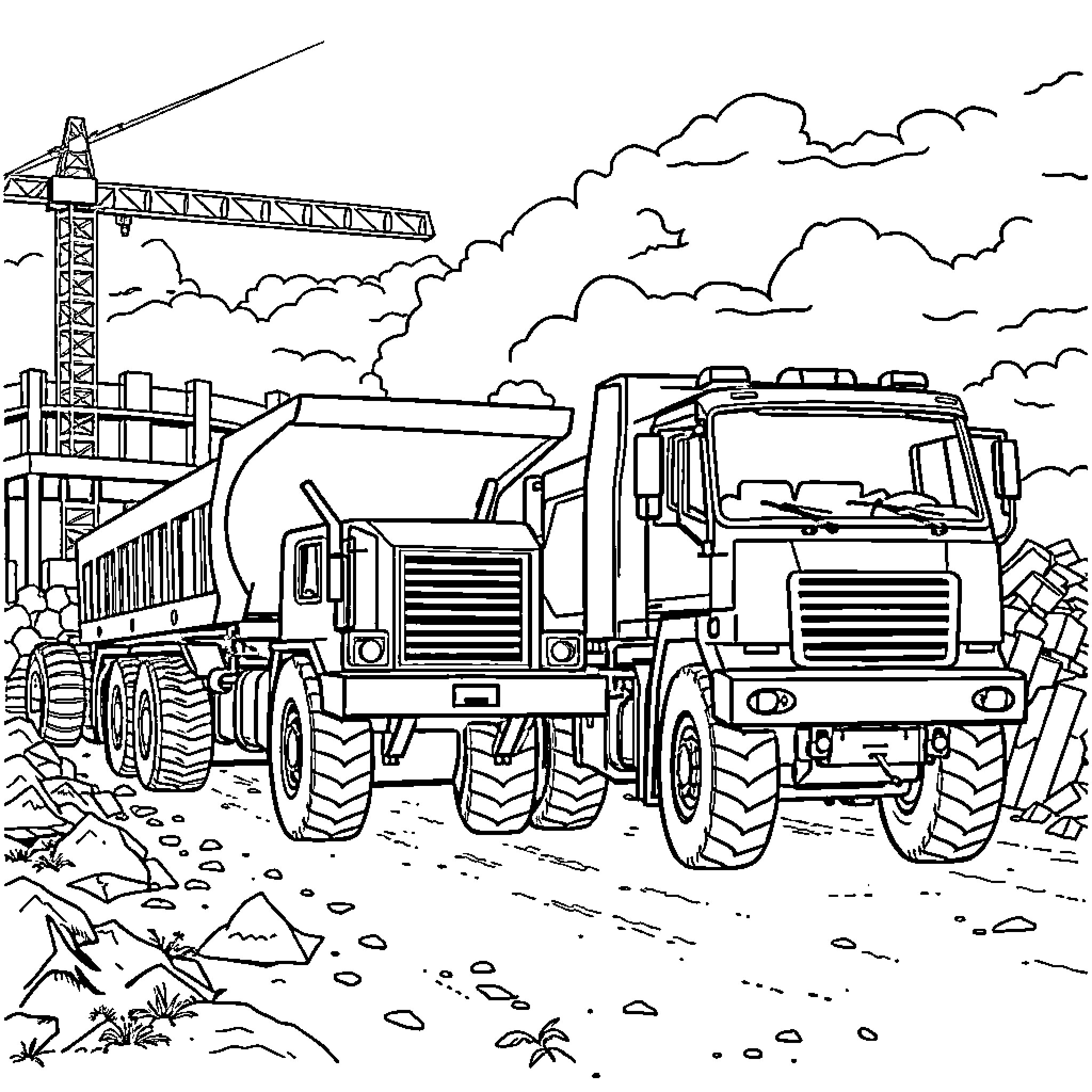 Construction Trucks Hauling Materials on Job Site Coloring Page (free black-and-white line drawing printable PDF for all, from beginners to advanced learners, including children, teens, adults, and seniors)