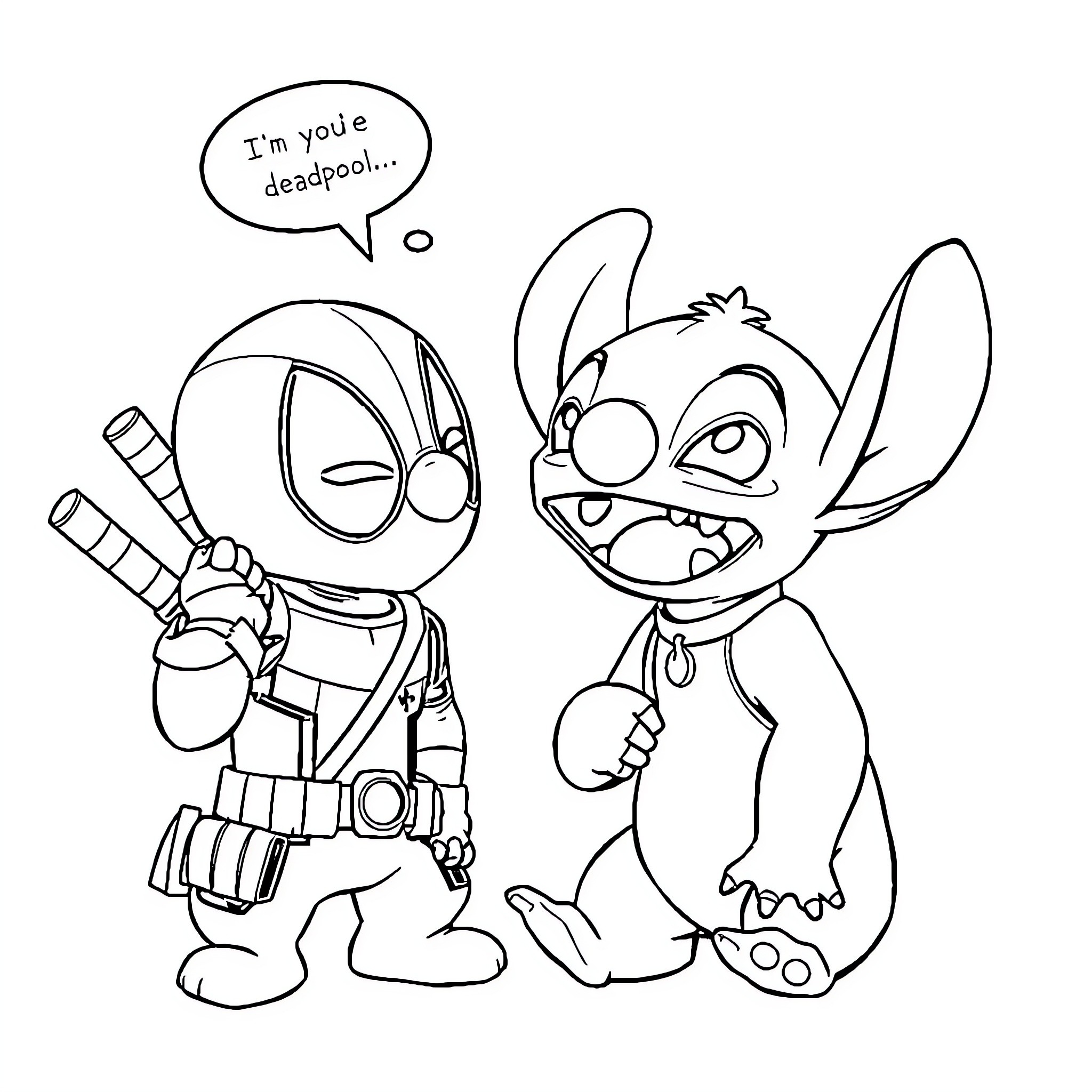 Stitch and Deadpool in Playful Banter Coloring Page (free black-and-white line drawing printable PDF for all, from beginners to advanced learners, including children, teens, adults, and seniors)
