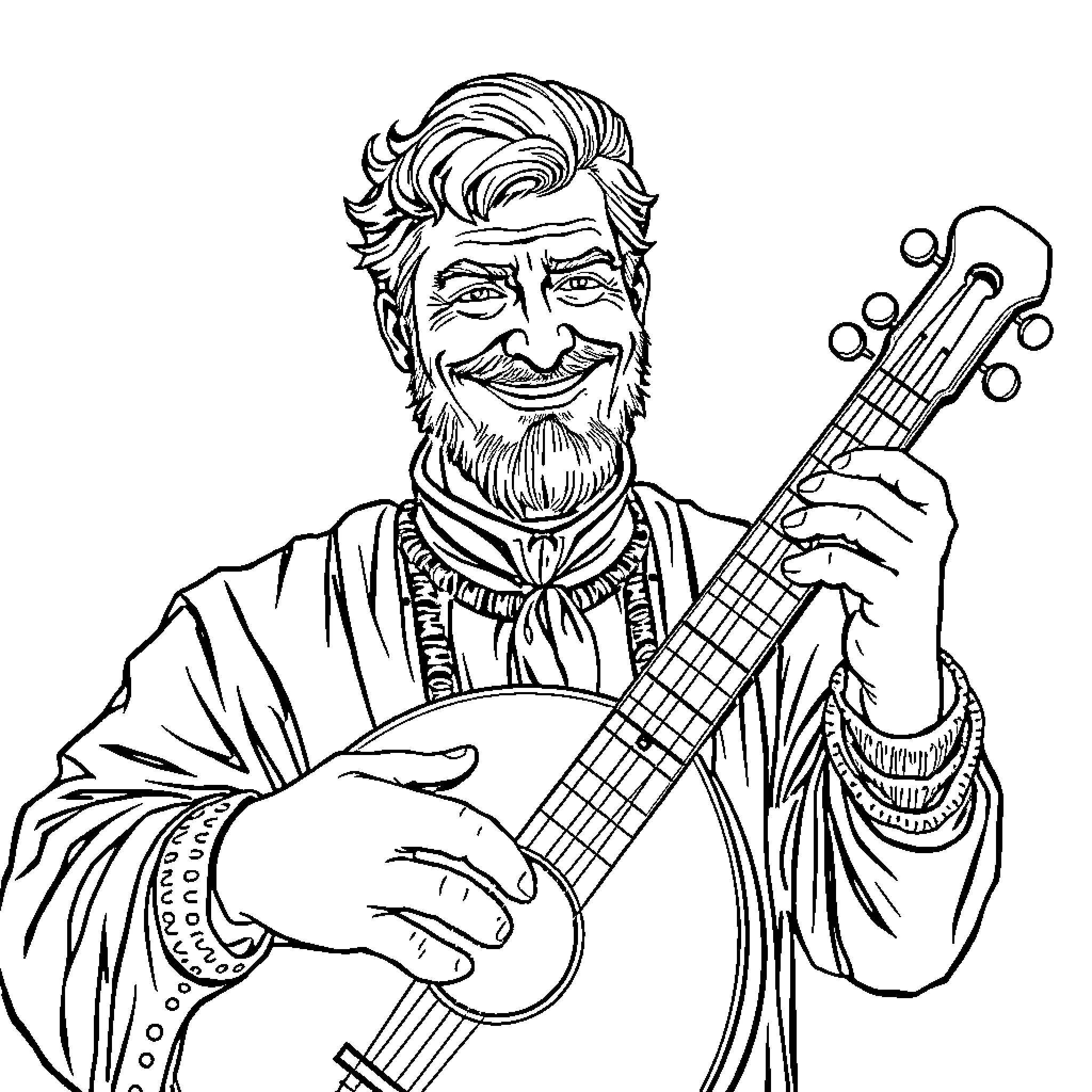 Man playing guitar with joy and enthusiasm Coloring Page (free black-and-white line drawing printable PDF for all, from beginners to advanced learners, including children, teens, adults, and seniors)