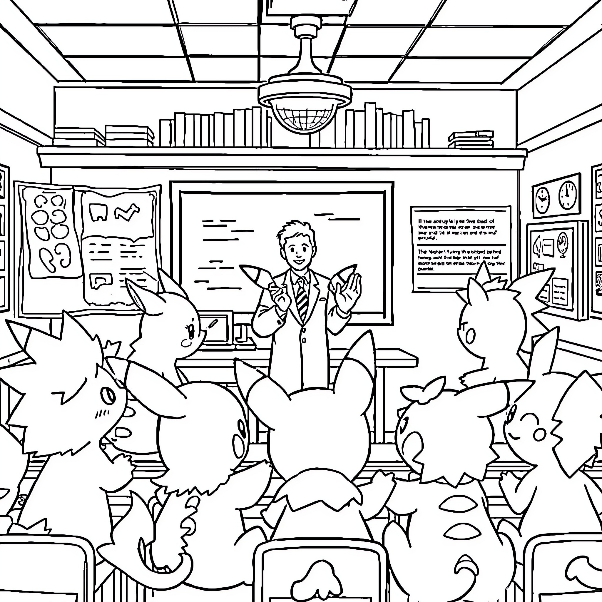 Pokémon teacher interacting with students in the classroom Coloring Page (free black-and-white line drawing printable PDF for all, from beginners to advanced learners, including children, teens, adults, and seniors)