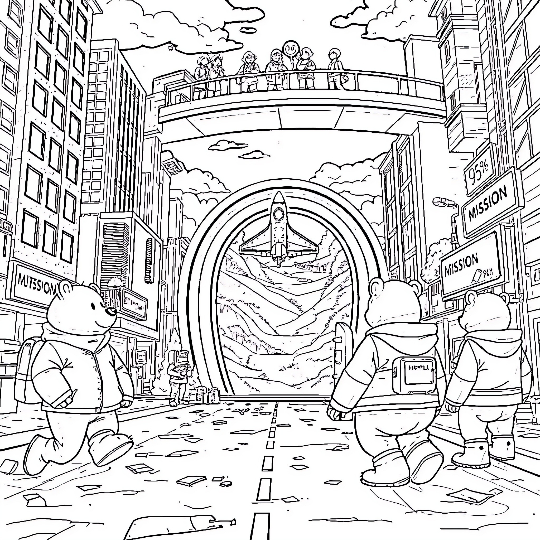 Bear Explorers Discover Futuristic City Portal Coloring Page (free black-and-white line drawing printable PDF for all, from beginners to advanced learners, including children, teens, adults, and seniors)