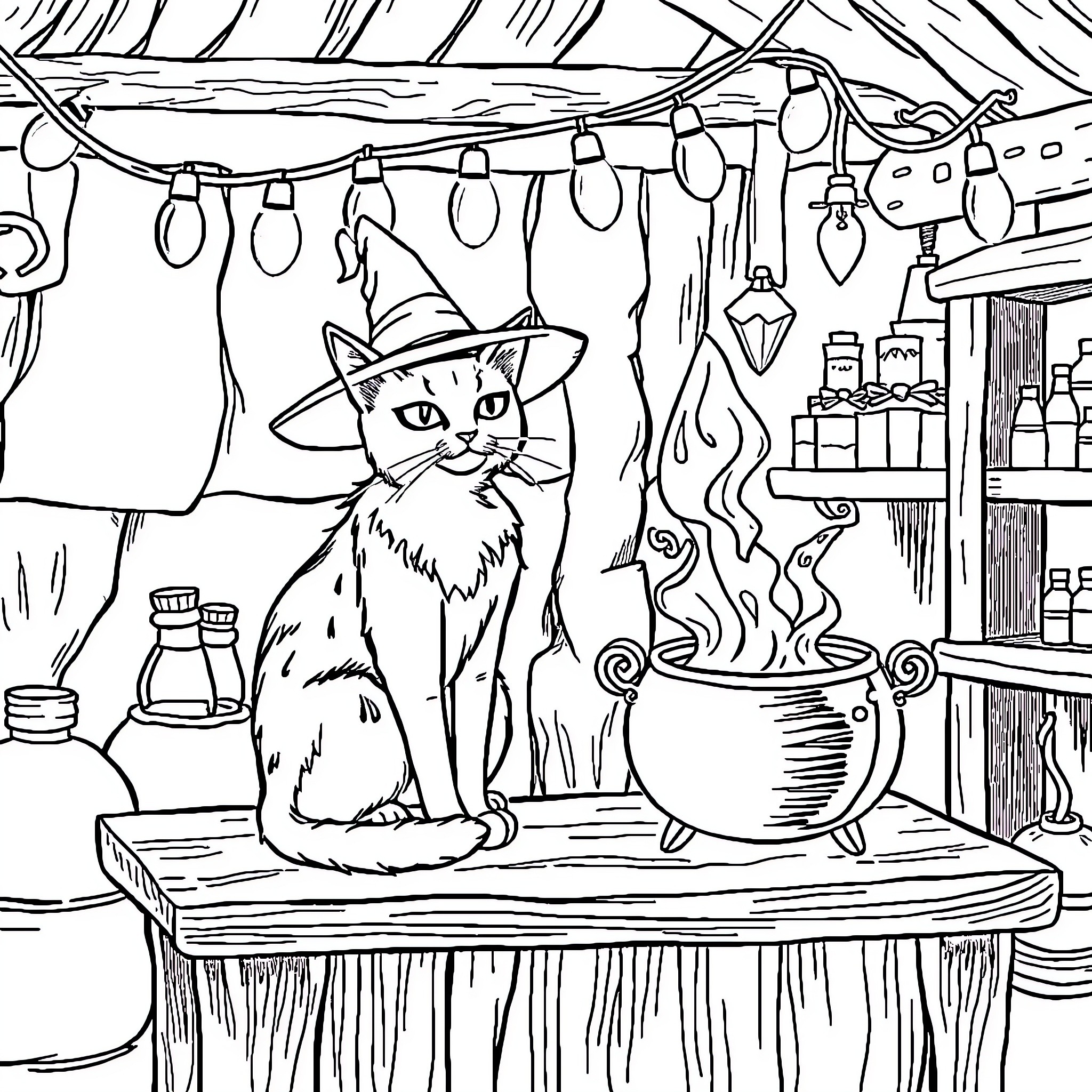 Cat Witch's Cozy Cottage Cauldron Coloring Page (free black-and-white line drawing printable PDF for all, from beginners to advanced learners, including children, teens, adults, and seniors)