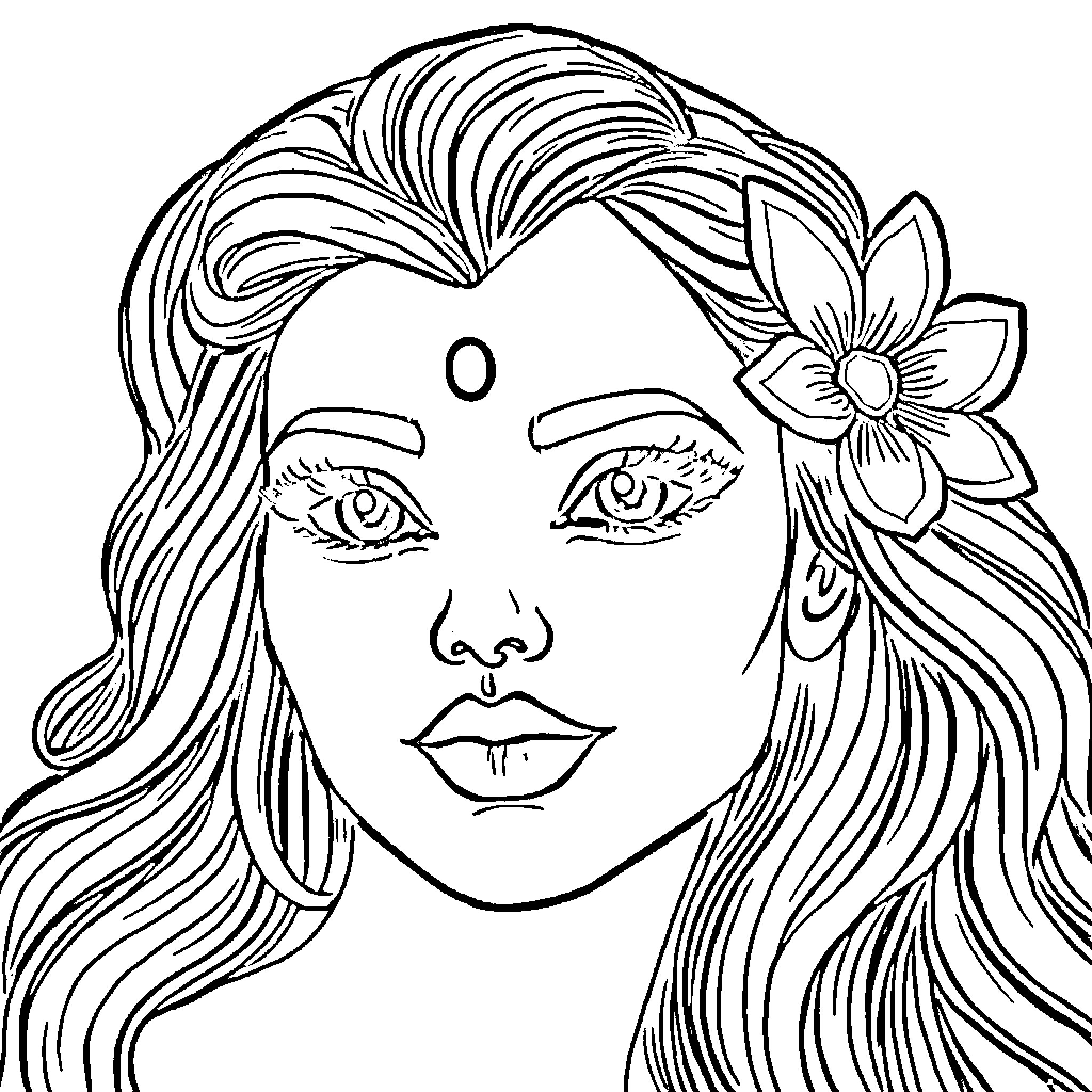 Rabbit themed woman with long hair and flower Coloring Page (free black-and-white line drawing printable PDF for all, from beginners to advanced learners, including children, teens, adults, and seniors)