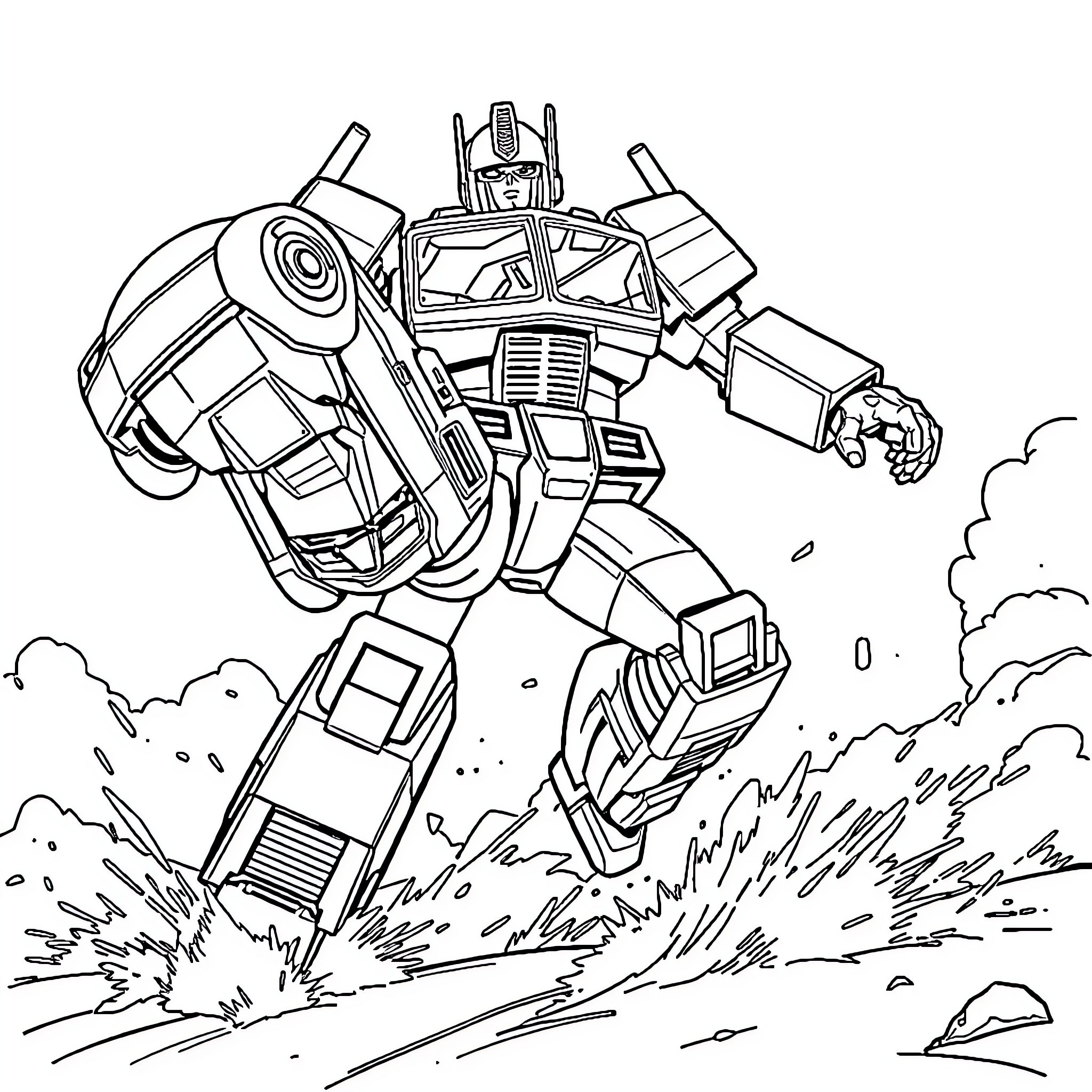 Optimus Prime Transforming and Leaping into Action Coloring Page (free black-and-white line drawing printable PDF for all, from beginners to advanced learners, including children, teens, adults, and seniors)