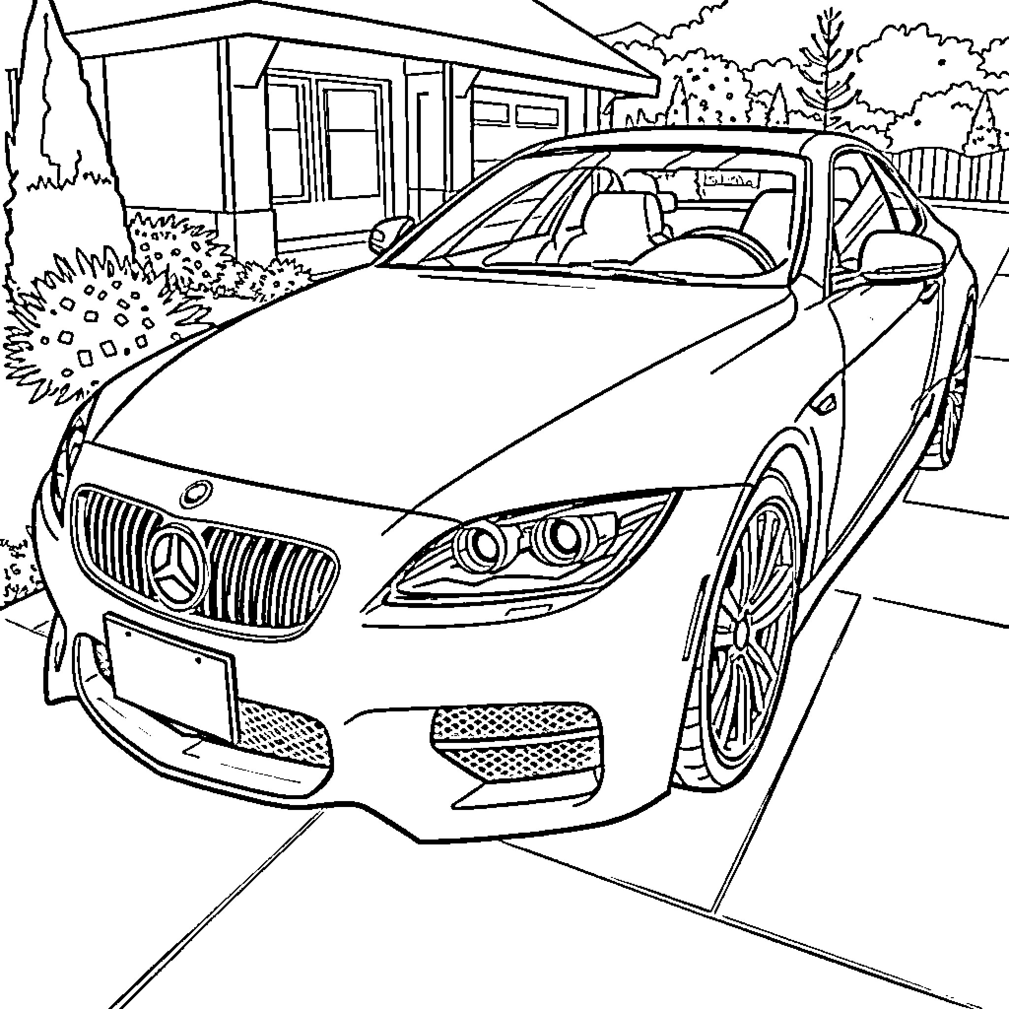 Auto parked by the modern house Coloring Page (free black-and-white line drawing printable PDF for all, from beginners to advanced learners, including children, teens, adults, and seniors)