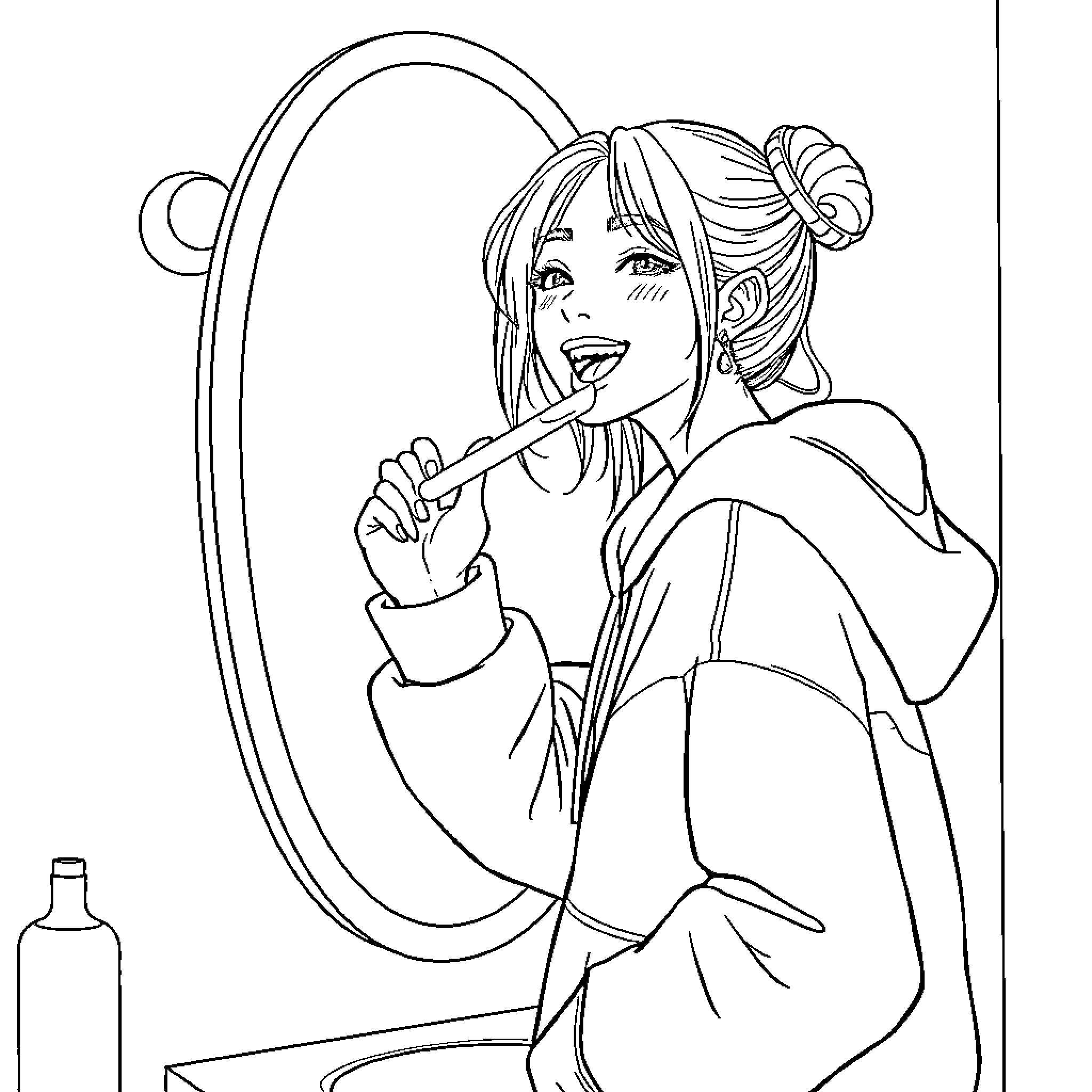 Rumi applying makeup in front of mirror Coloring Page (free black-and-white line drawing printable PDF for all, from beginners to advanced learners, including children, teens, adults, and seniors)