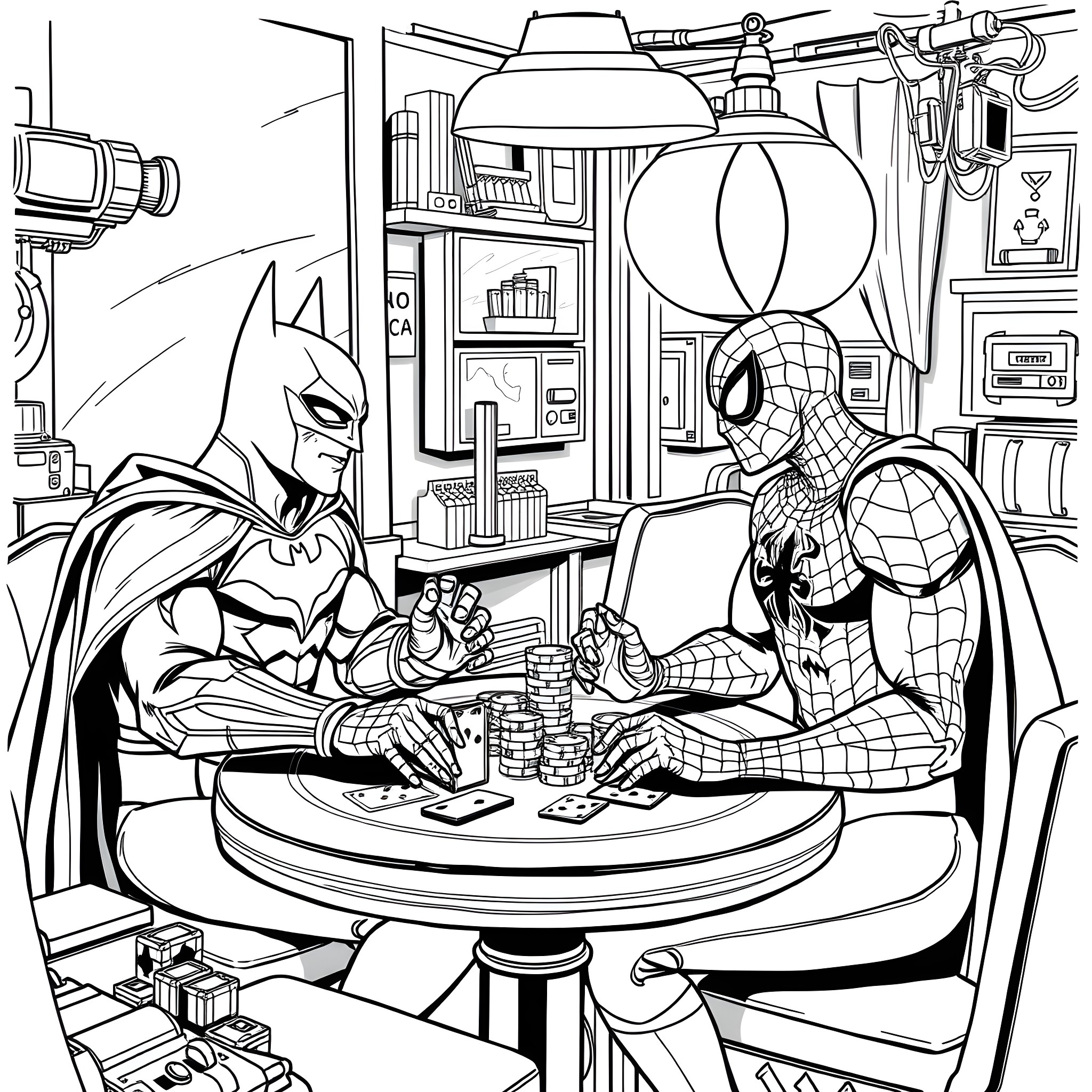 Batman and Spider-Man playing poker in a cluttered room Coloring Page (free black-and-white line drawing printable PDF for all, from beginners to advanced learners, including children, teens, adults, and seniors)