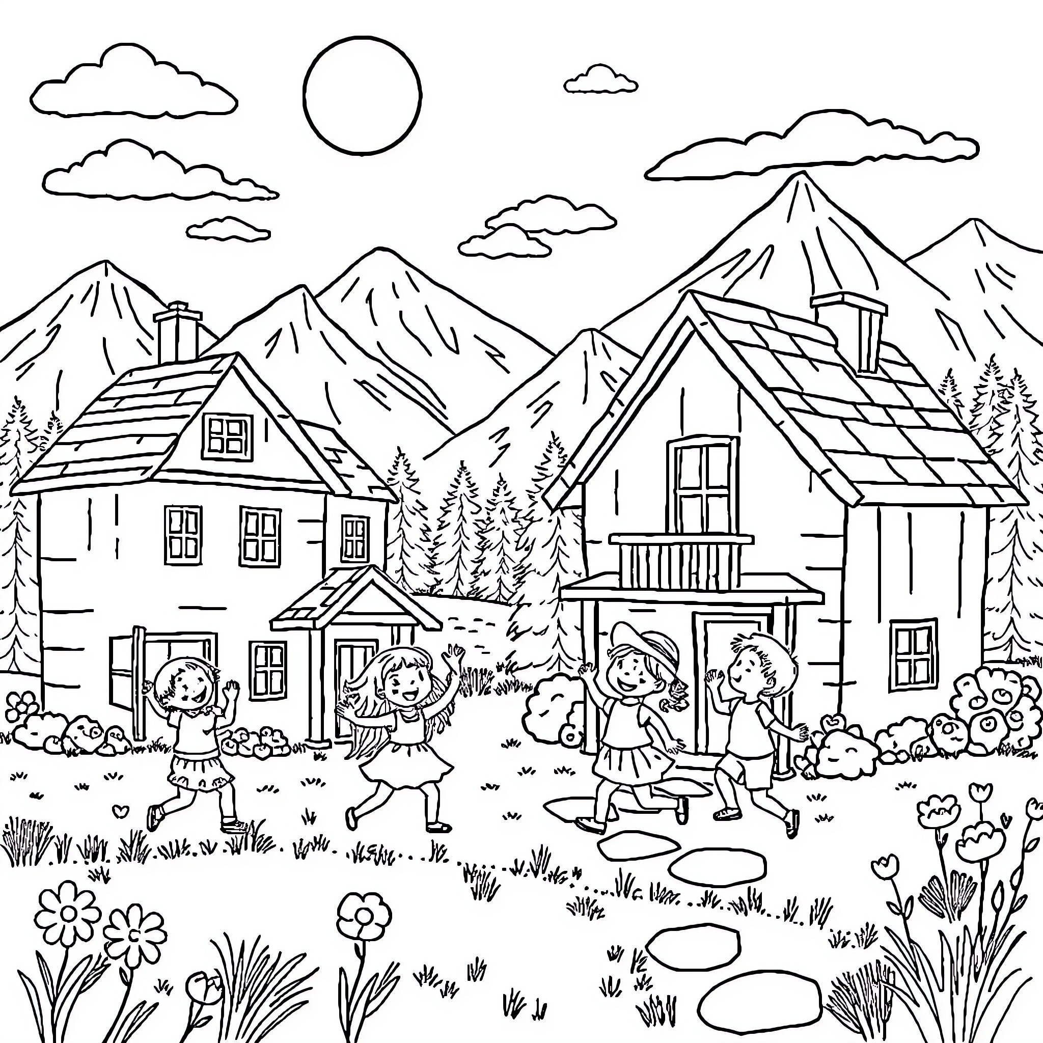 Children playing outdoors in a mountain village Coloring Page (free black-and-white line drawing printable PDF for all, from beginners to advanced learners, including children, teens, adults, and seniors)