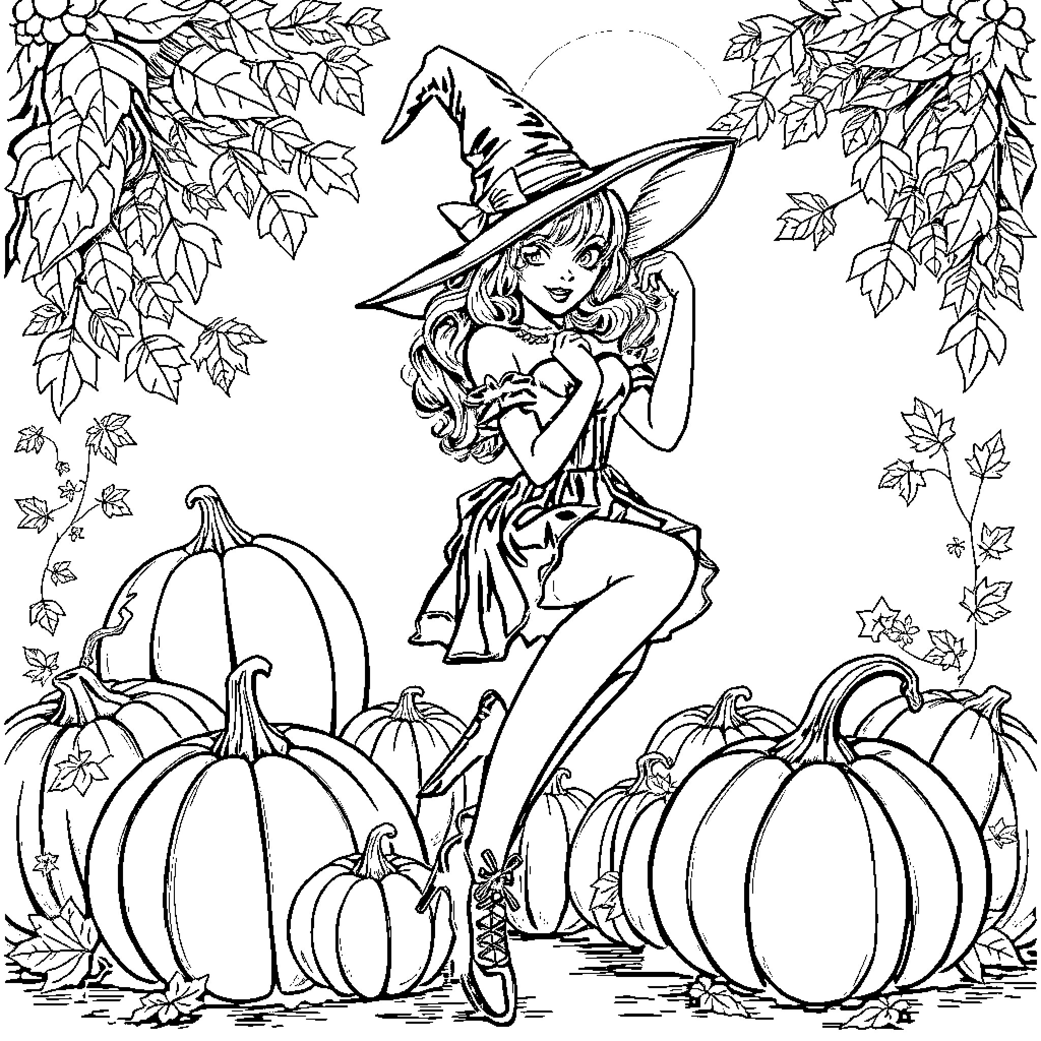 Pin Up Girl Witch Casts Spell Amidst Pumpkins Coloring Page (free black-and-white line drawing printable PDF for all, from beginners to advanced learners, including children, teens, adults, and seniors)