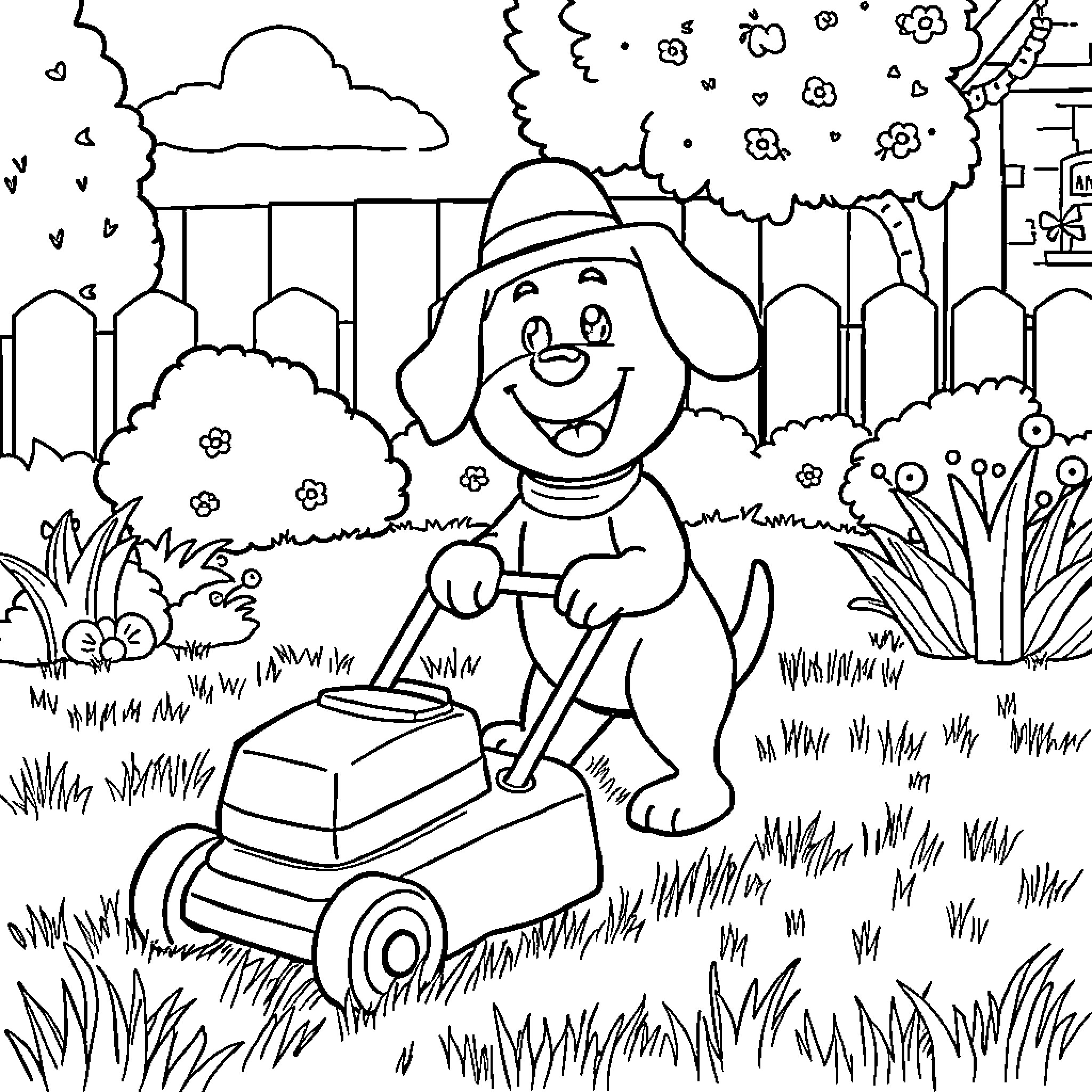 Dog happily mowing the lawn in the garden Coloring Page (free black-and-white line drawing printable PDF for all, from beginners to advanced learners, including children, teens, adults, and seniors)