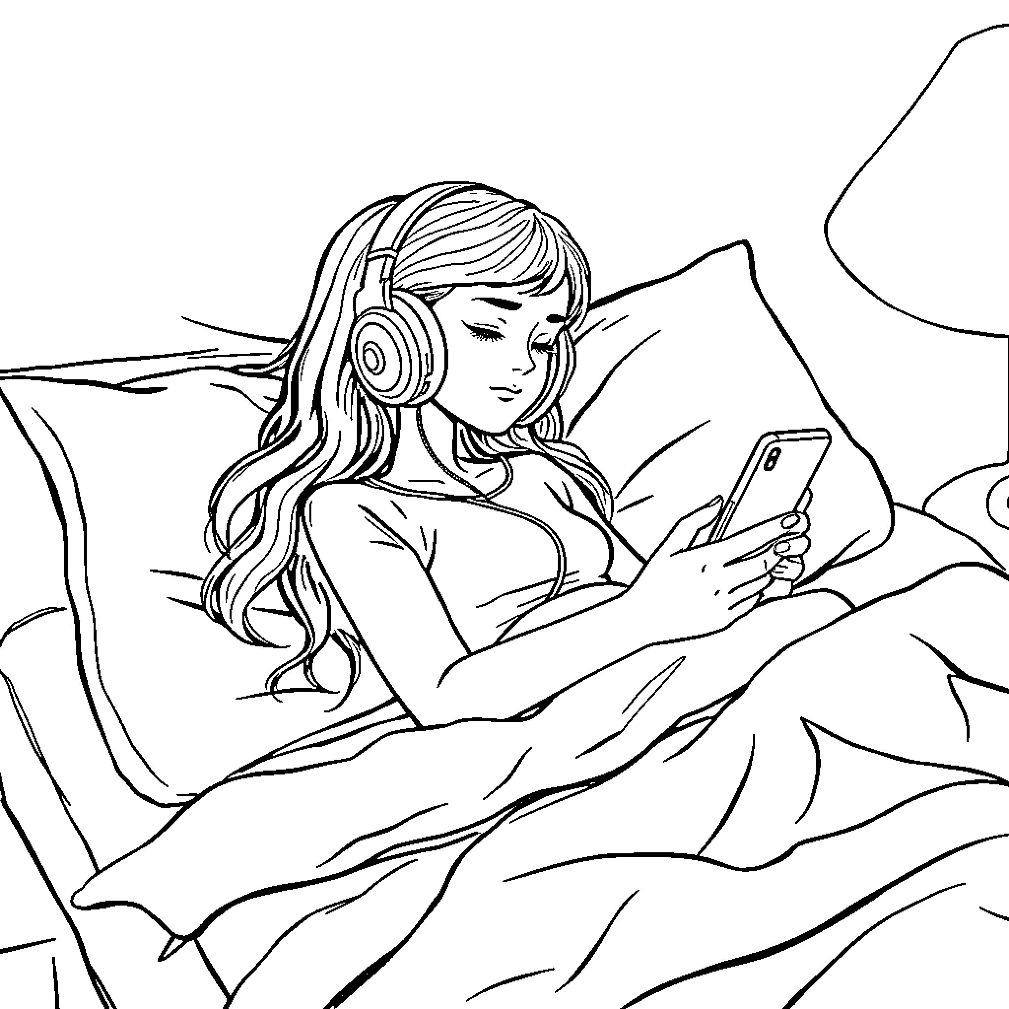 Girl relaxing and listening to music on her phone Coloring Page (free black-and-white line drawing printable PDF for all, from beginners to advanced learners, including children, teens, adults, and seniors)
