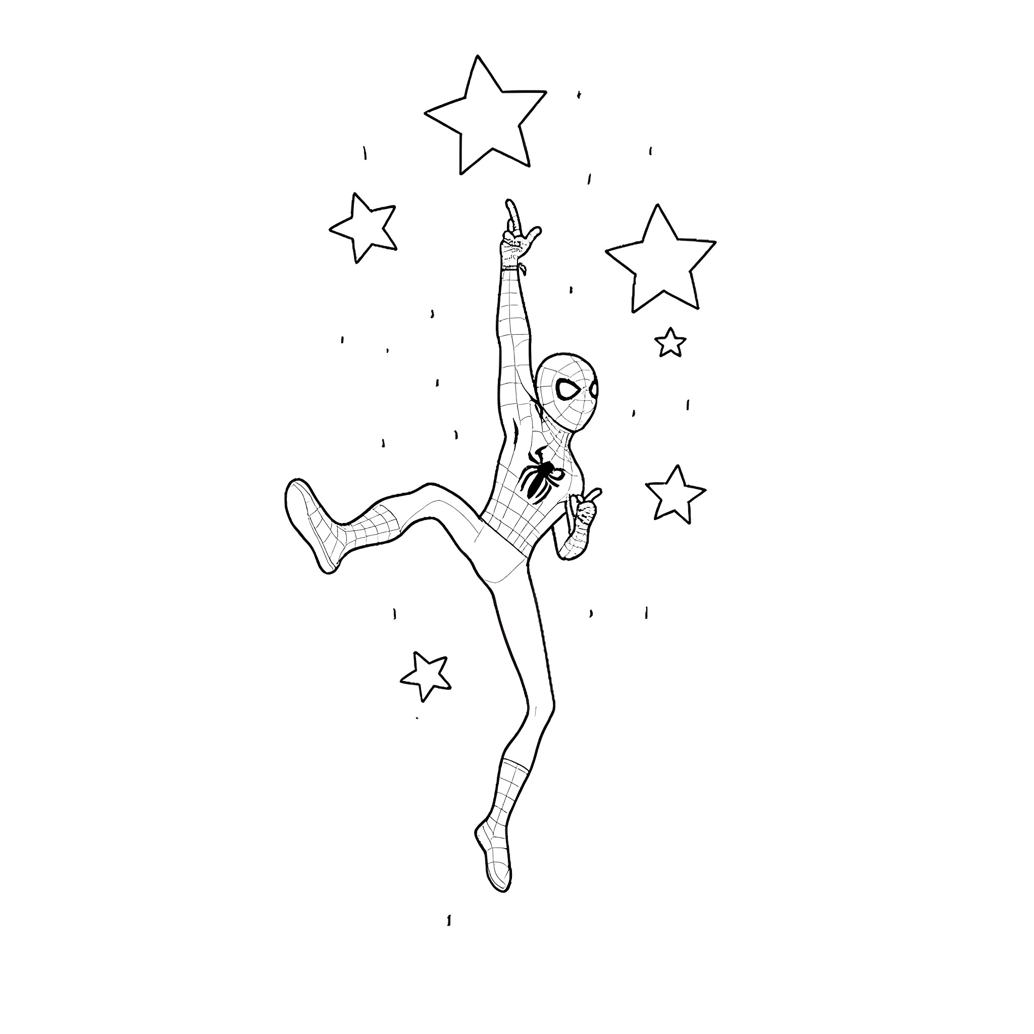 Spider-Man swinging through the stars with joy Coloring Page (free black-and-white line drawing printable PDF for all, from beginners to advanced learners, including children, teens, adults, and seniors)