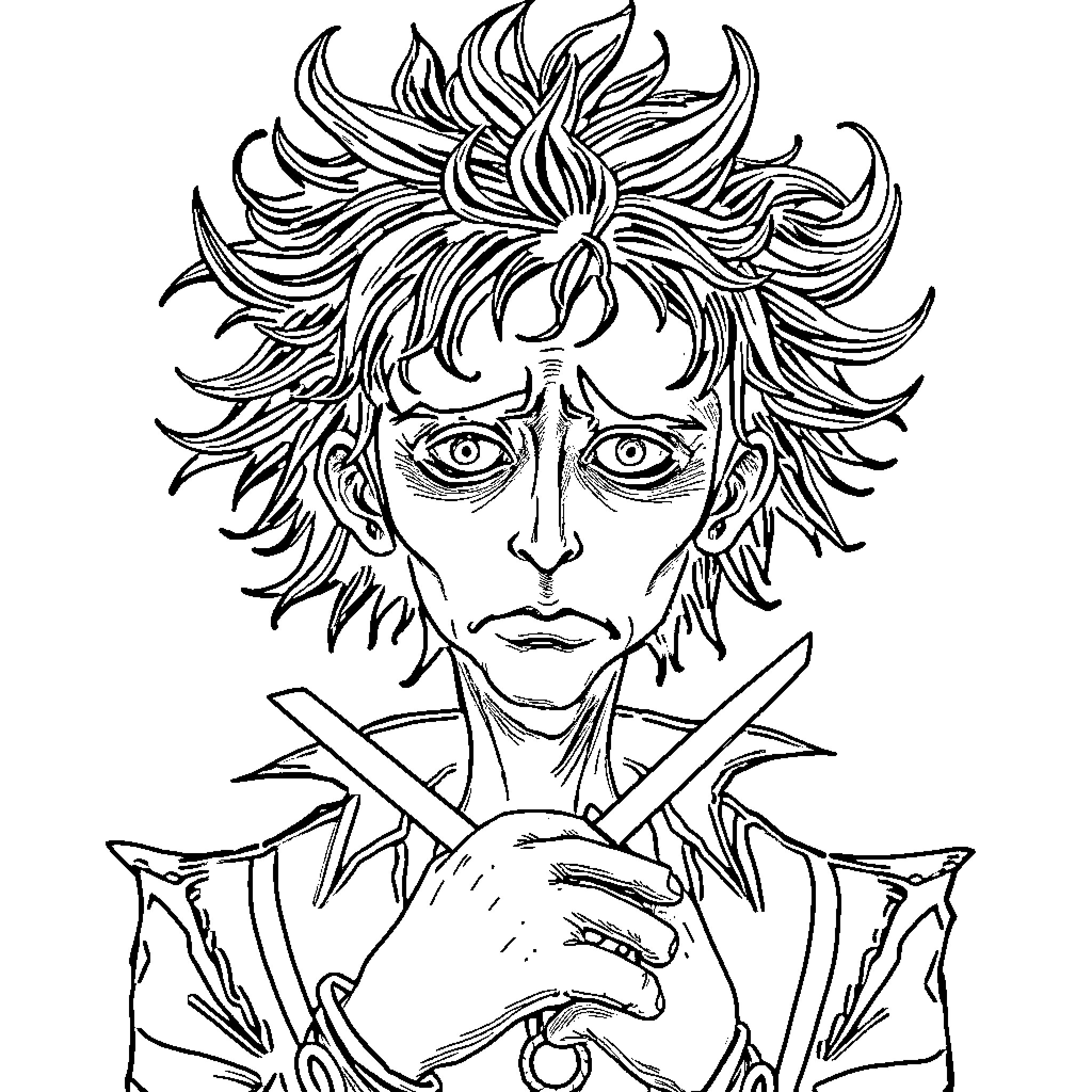 Edward Scissorhands in pensive pose with sharp blades Coloring Page (free black-and-white line drawing printable PDF for all, from beginners to advanced learners, including children, teens, adults, and seniors)
