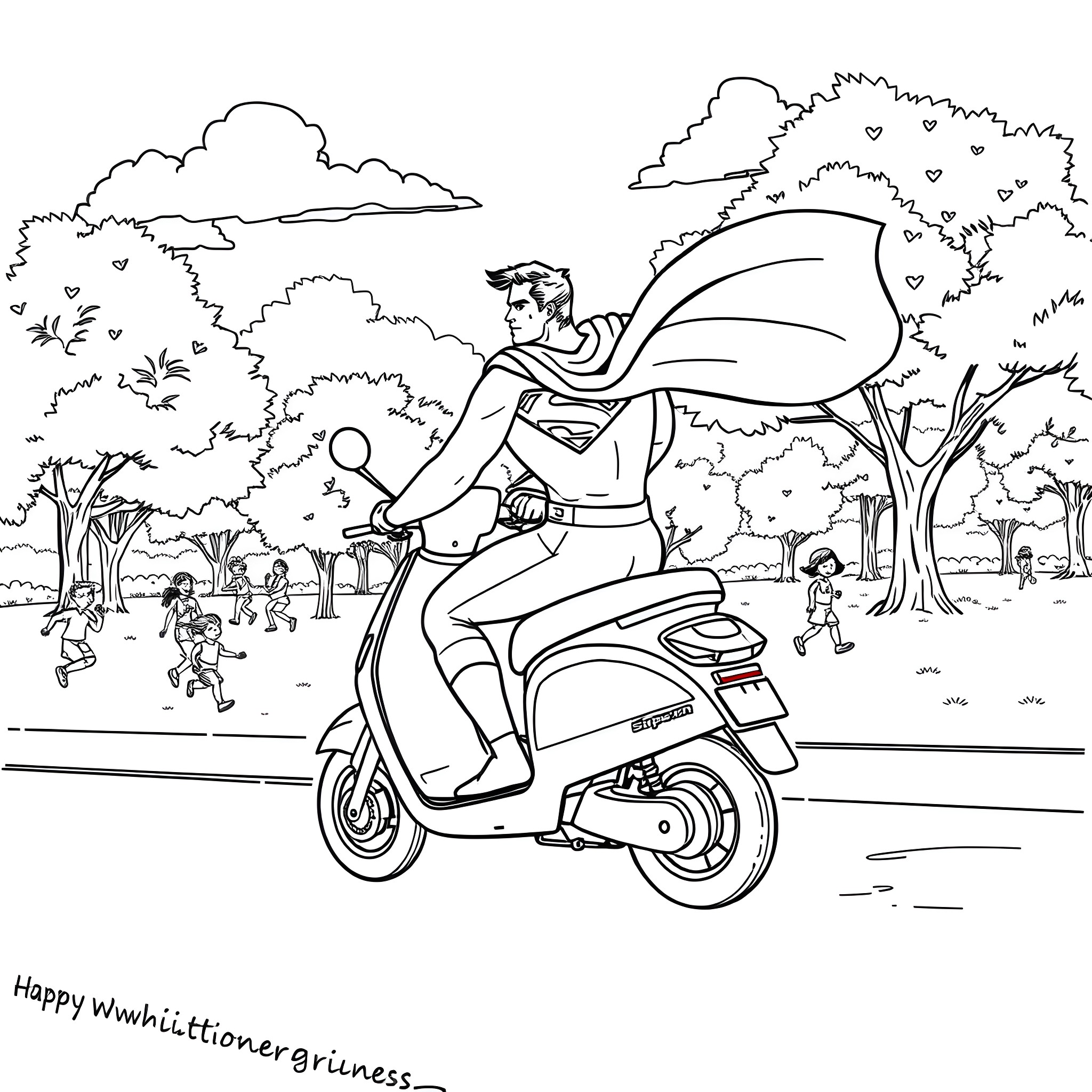 Superman riding scooter through park Coloring Page (free black-and-white line drawing printable PDF for all, from beginners to advanced learners, including children, teens, adults, and seniors)