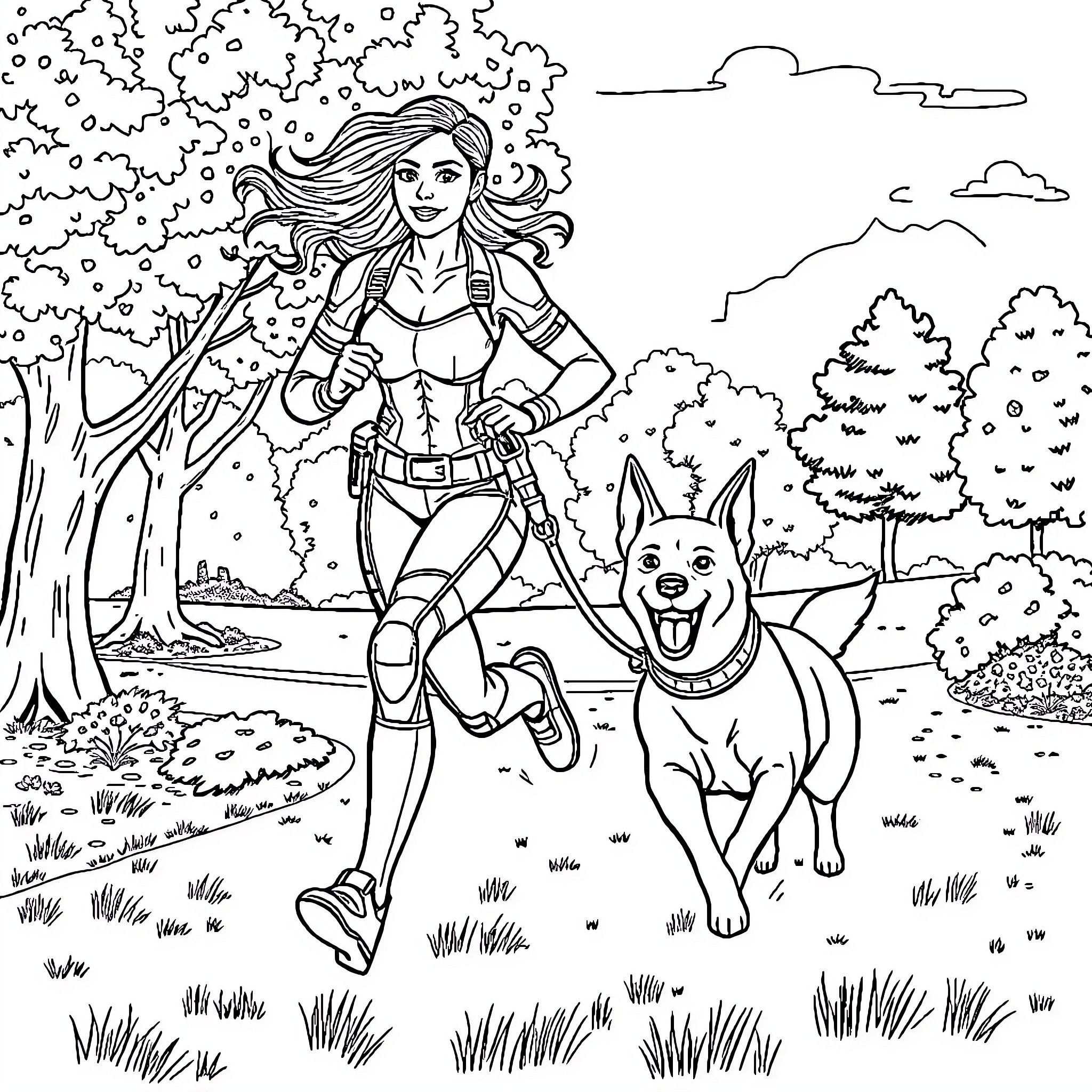 Bionic Woman on a wilderness adventure with her canine companion Coloring Page (free black-and-white line drawing printable PDF for all, from beginners to advanced learners, including children, teens, adults, and seniors)