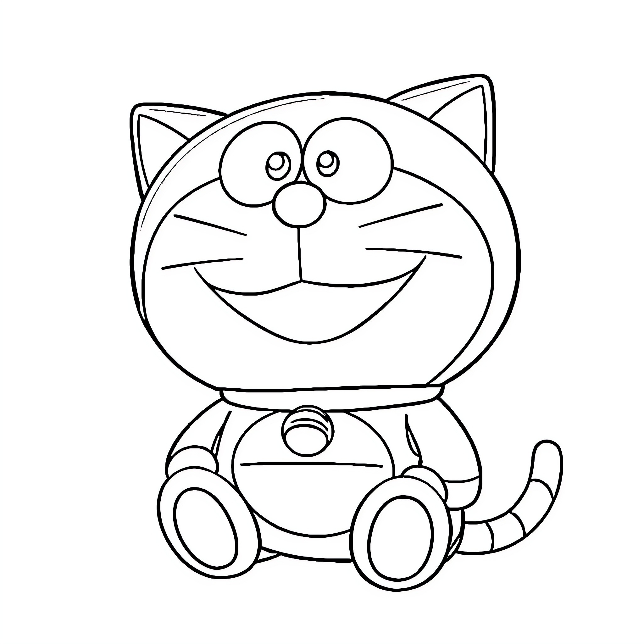 Doremon cheerful robotic cat character Coloring Page (free black-and-white line drawing printable PDF for all, from beginners to advanced learners, including children, teens, adults, and seniors)