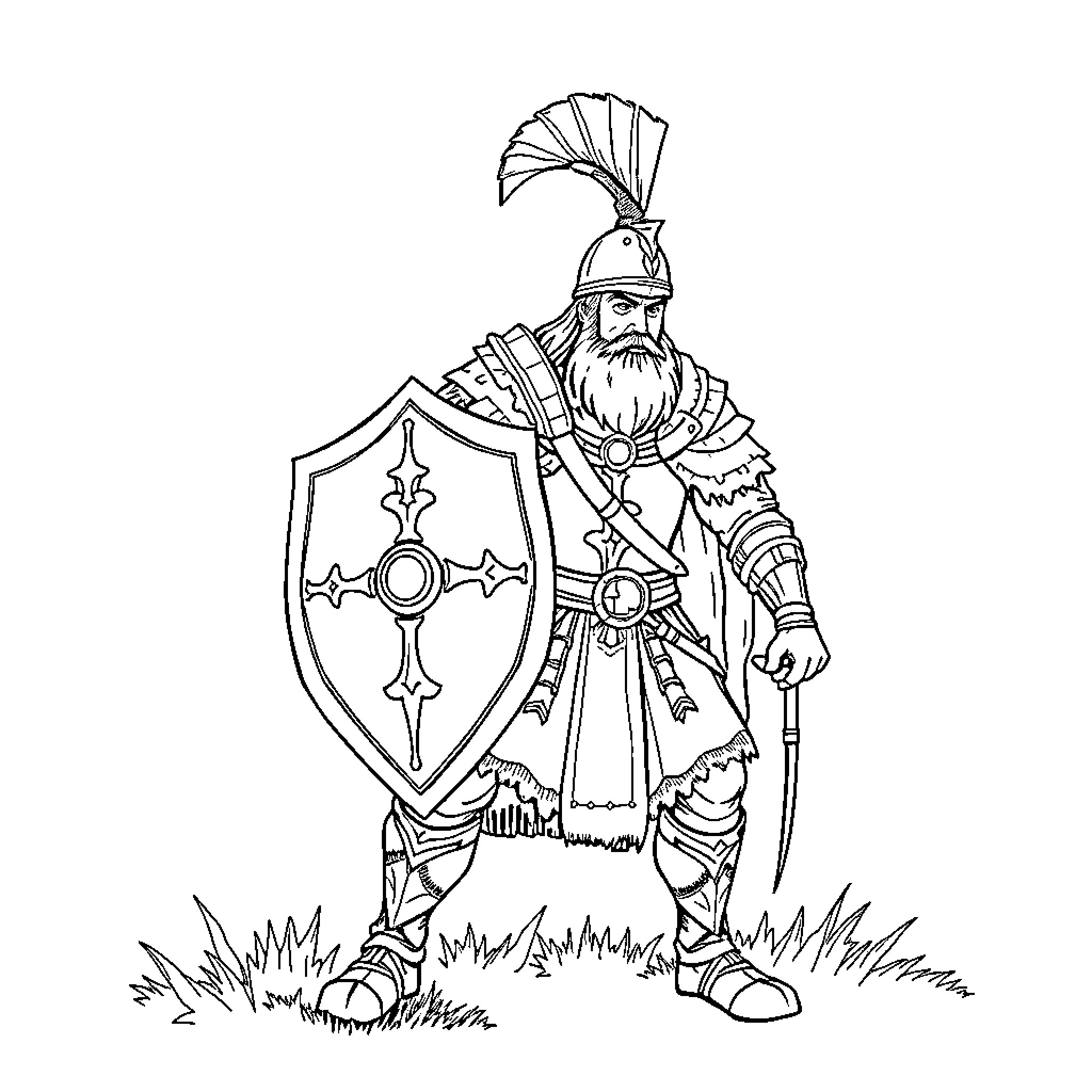 Ark of a Bearded Warrior in Protective Gear Coloring Page (free black-and-white line drawing printable PDF for all, from beginners to advanced learners, including children, teens, adults, and seniors)