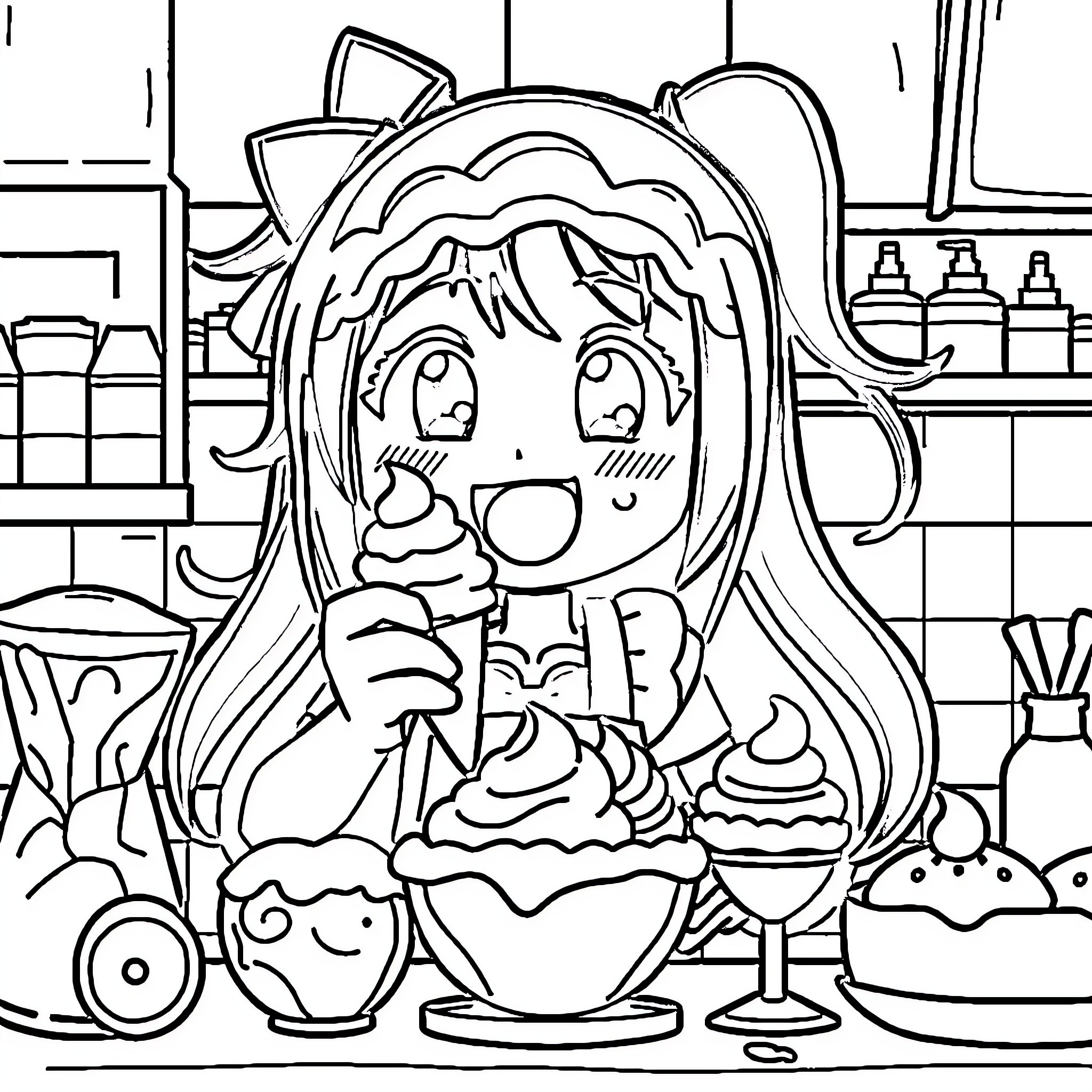 Kuromi enjoying a sweet treat in the kitchen Coloring Page (free black-and-white line drawing printable PDF for all, from beginners to advanced learners, including children, teens, adults, and seniors)