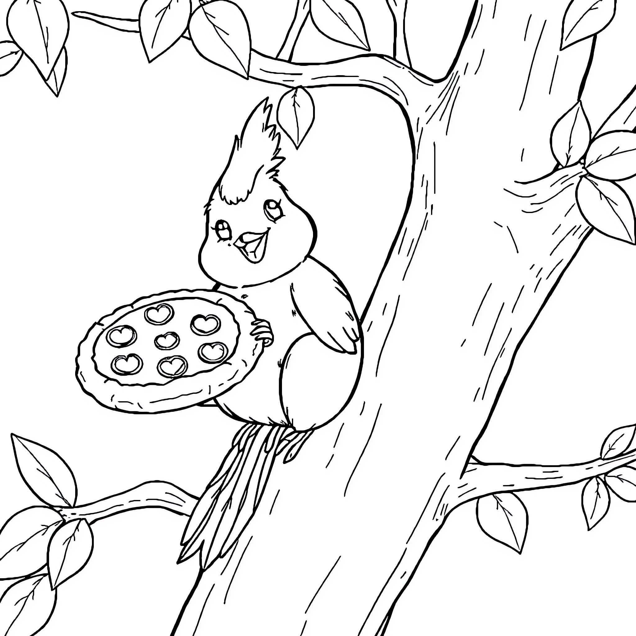 Squirrel holding acorn in the tree Coloring Page (free black-and-white line drawing printable PDF for all, from beginners to advanced learners, including children, teens, adults, and seniors)