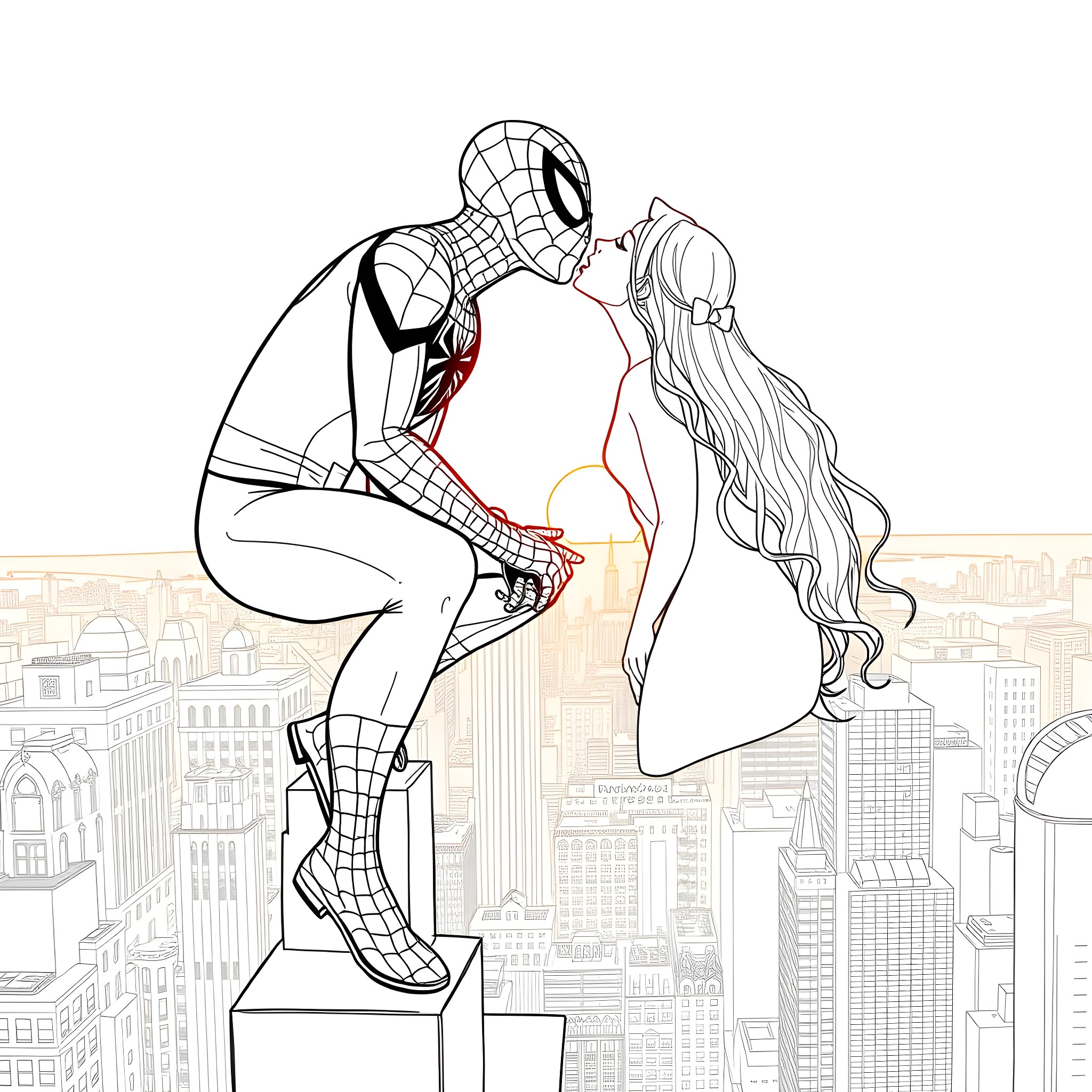 Spiderman meets with a mysterious figure in the city Coloring Page (free black-and-white line drawing printable PDF for all, from beginners to advanced learners, including children, teens, adults, and seniors)