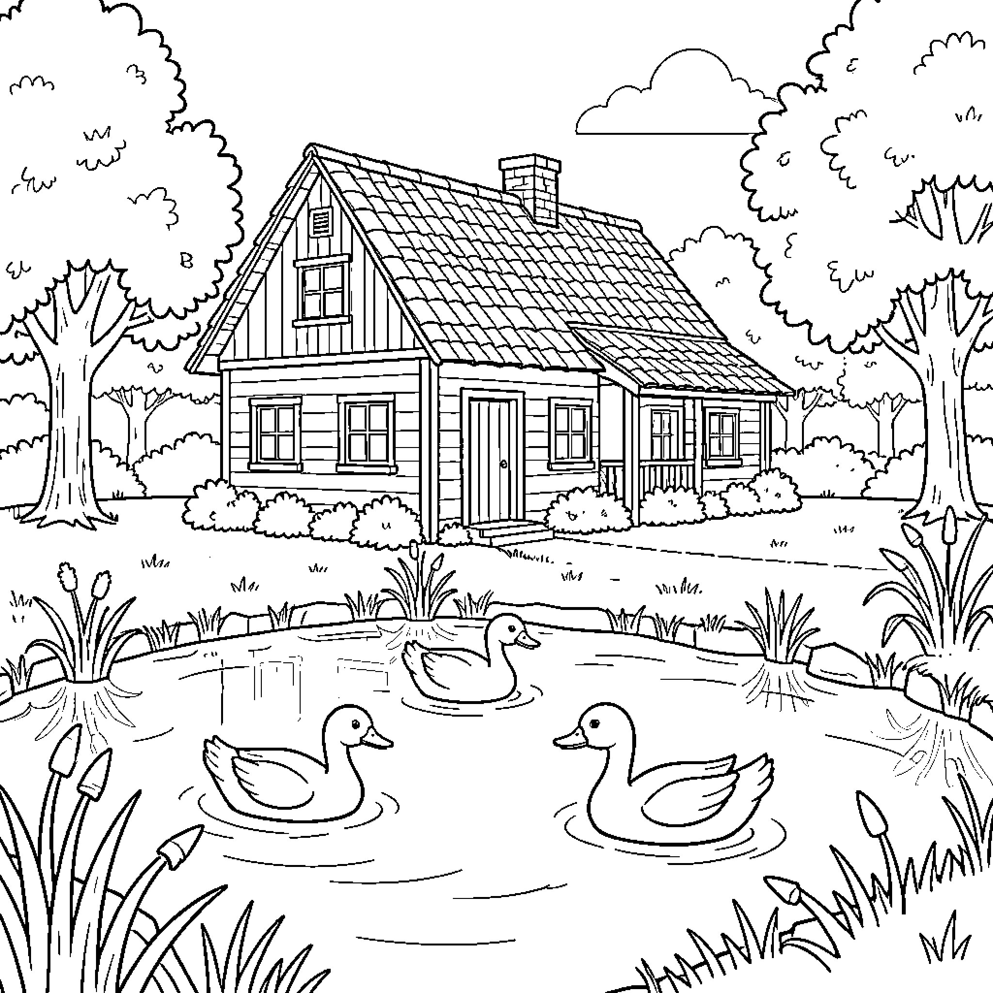 Farm ducks swimming in a pond near a house Coloring Page (free black-and-white line drawing printable PDF for all, from beginners to advanced learners, including children, teens, adults, and seniors)