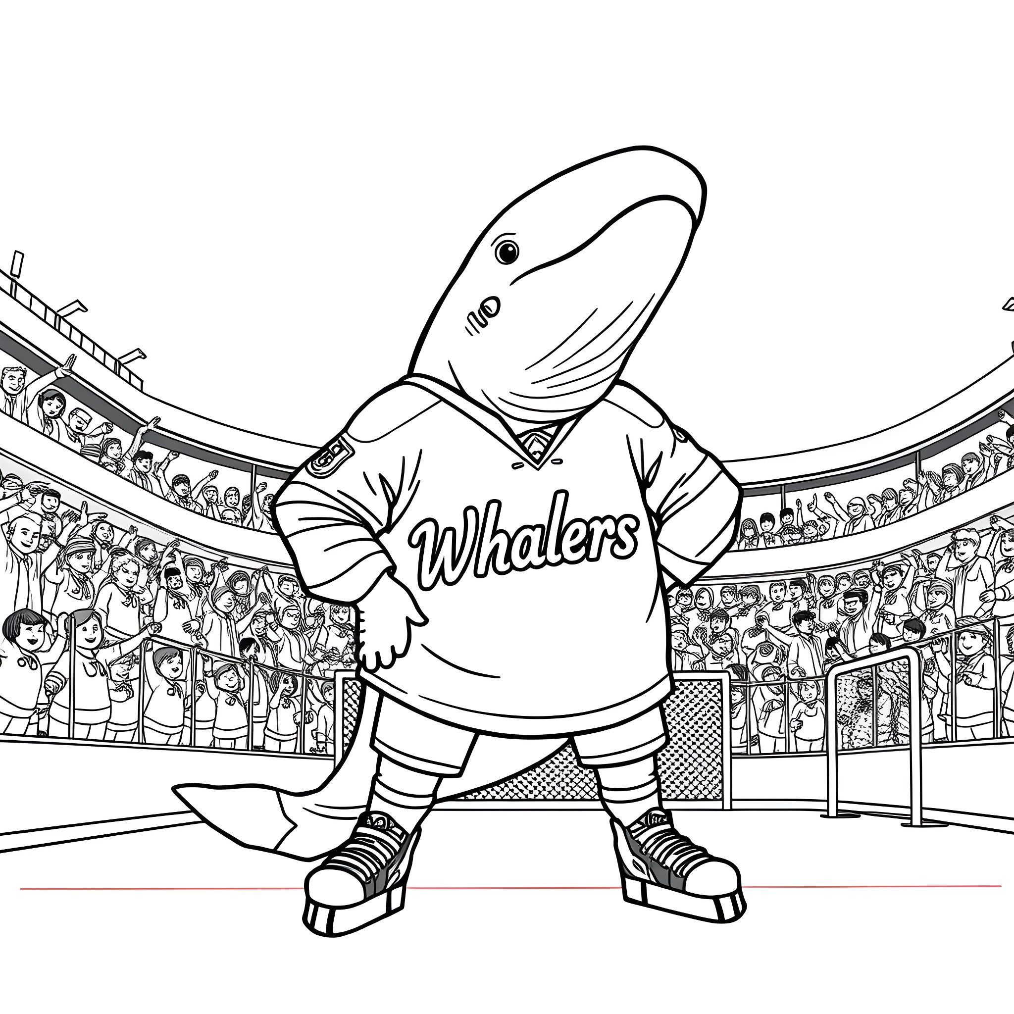 Whale mascot playing in a sports arena Coloring Page (free black-and-white line drawing printable PDF for all, from beginners to advanced learners, including children, teens, adults, and seniors)