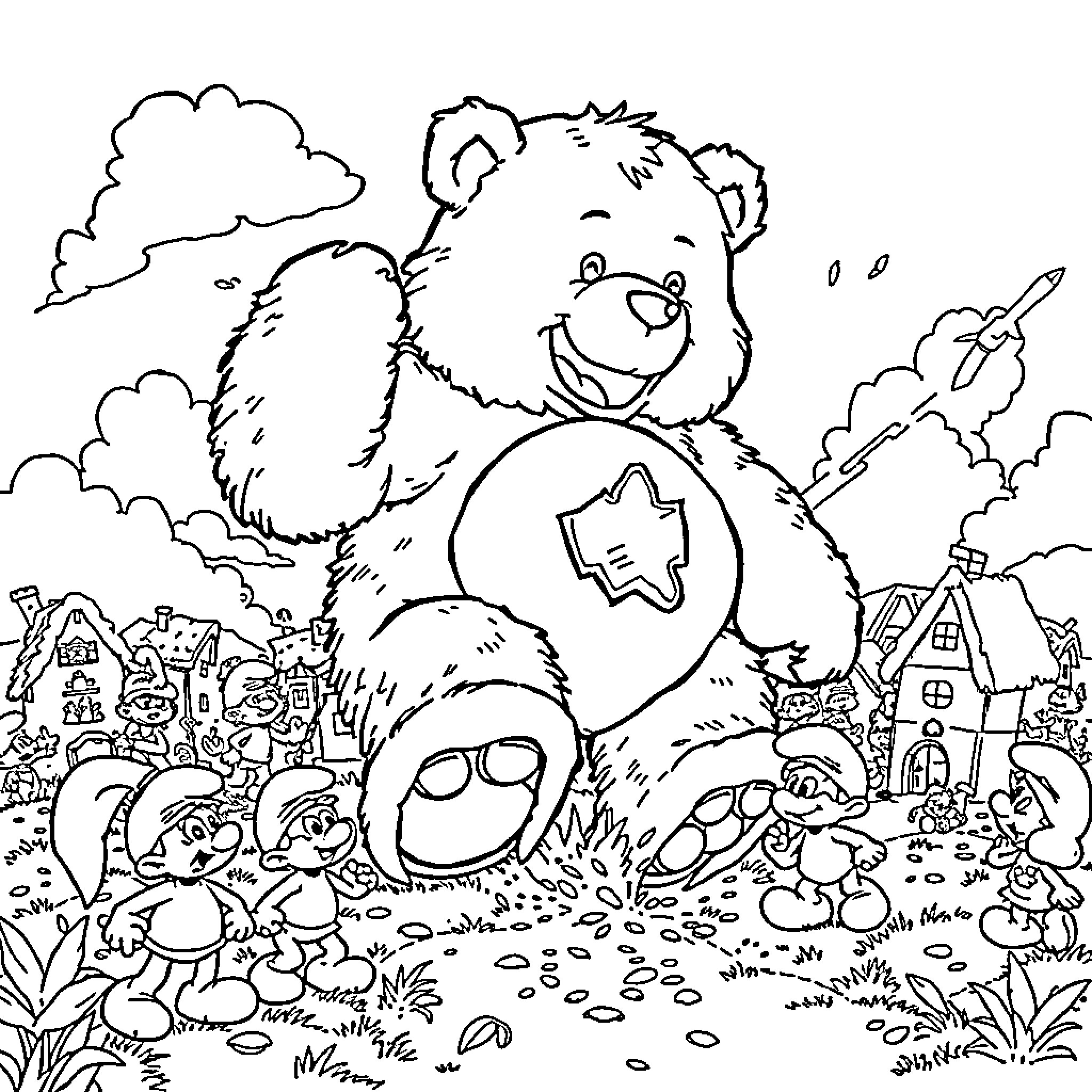 Care Bear exploring the cheerful town with friends Coloring Page (free black-and-white line drawing printable PDF for all, from beginners to advanced learners, including children, teens, adults, and seniors)