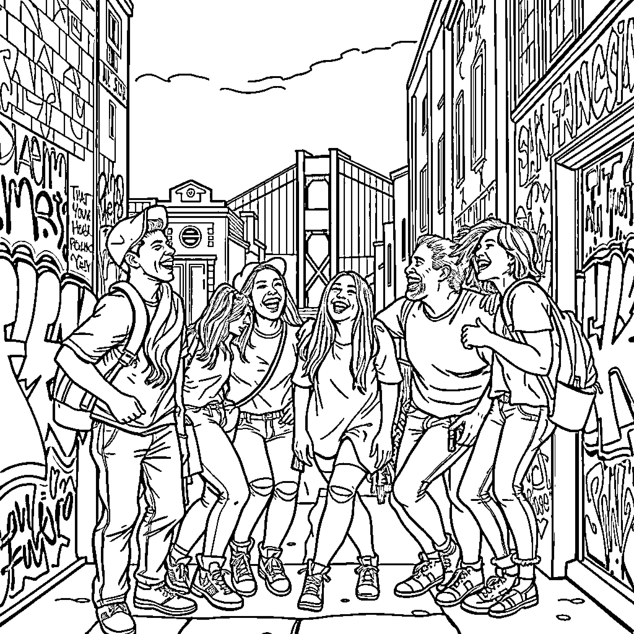 Wildin' group of friends in the city Coloring Page (free black-and-white line drawing printable PDF for all, from beginners to advanced learners, including children, teens, adults, and seniors)