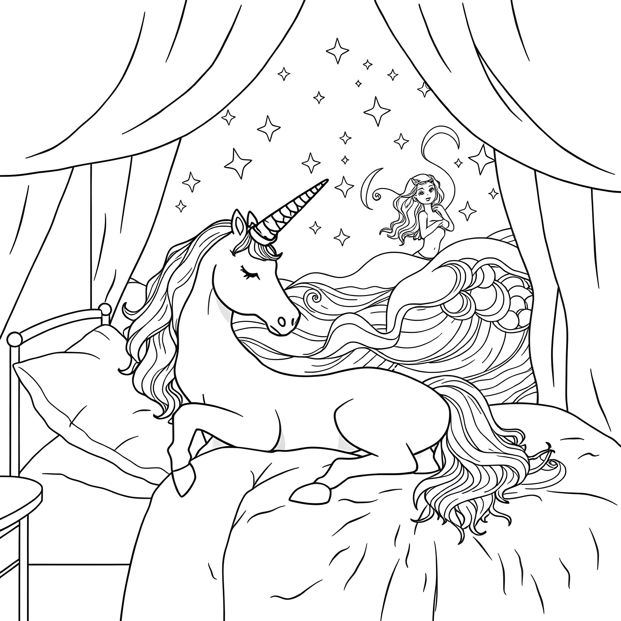 Unicorn dancing under the starry night sky Coloring Page (free black-and-white line drawing printable PDF for all, from beginners to advanced learners, including children, teens, adults, and seniors)
