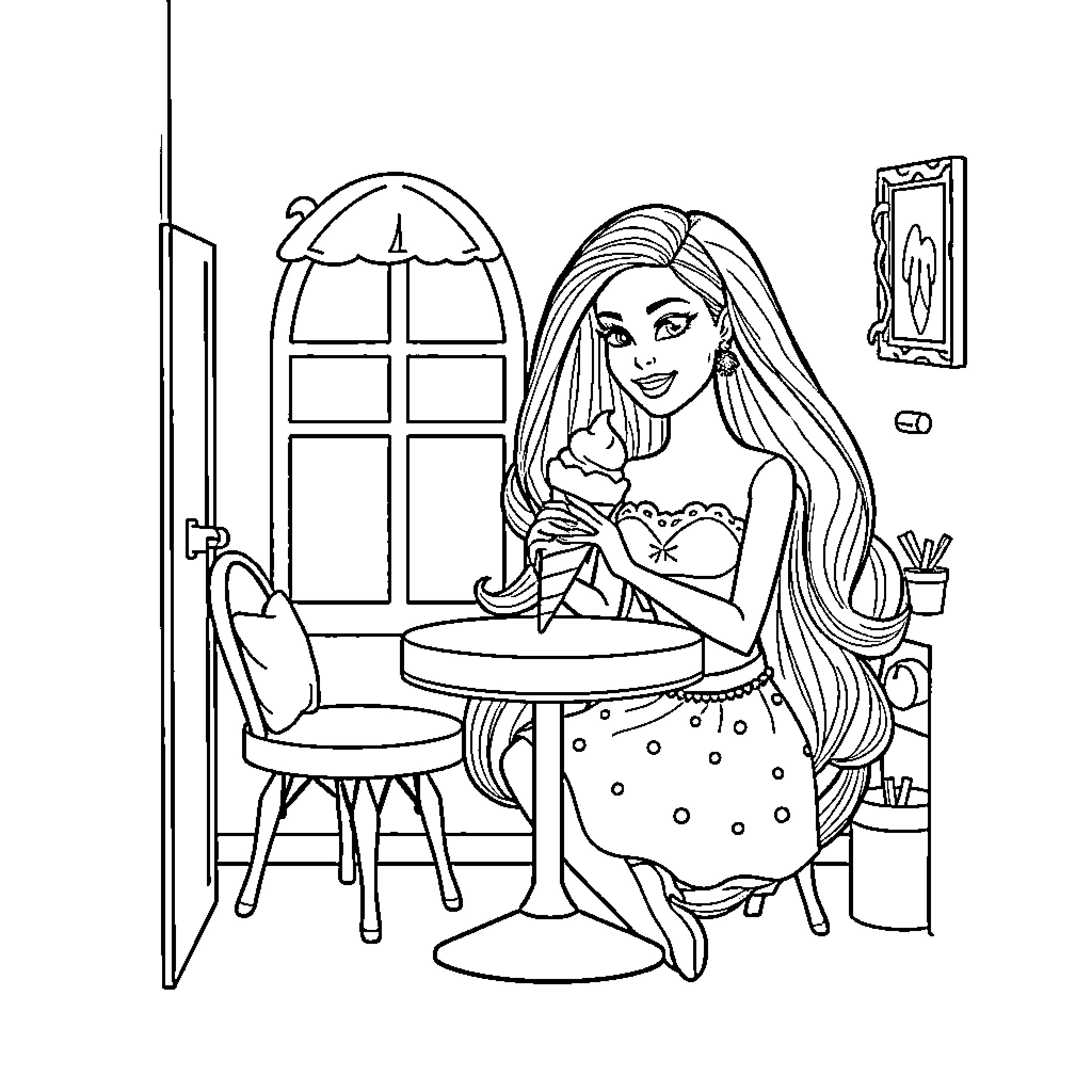 Barbie enjoying a relaxing day at home Coloring Page (free black-and-white line drawing printable PDF for all, from beginners to advanced learners, including children, teens, adults, and seniors)