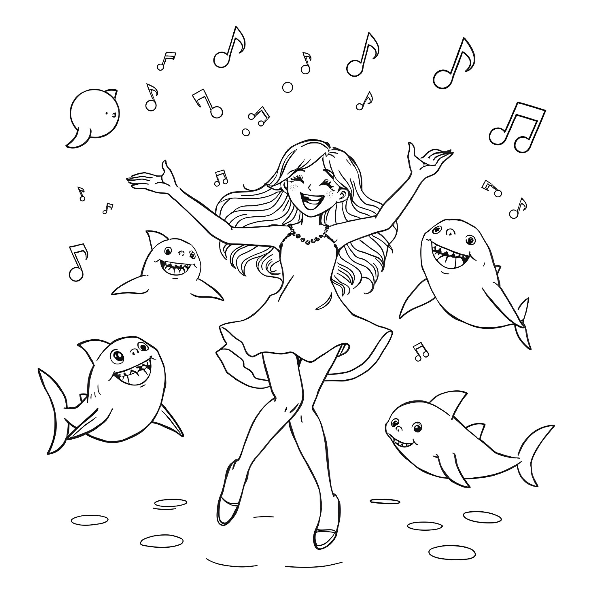 Daughter dancing happily with friendly sharks Coloring Page (free black-and-white line drawing printable PDF for all, from beginners to advanced learners, including children, teens, adults, and seniors)