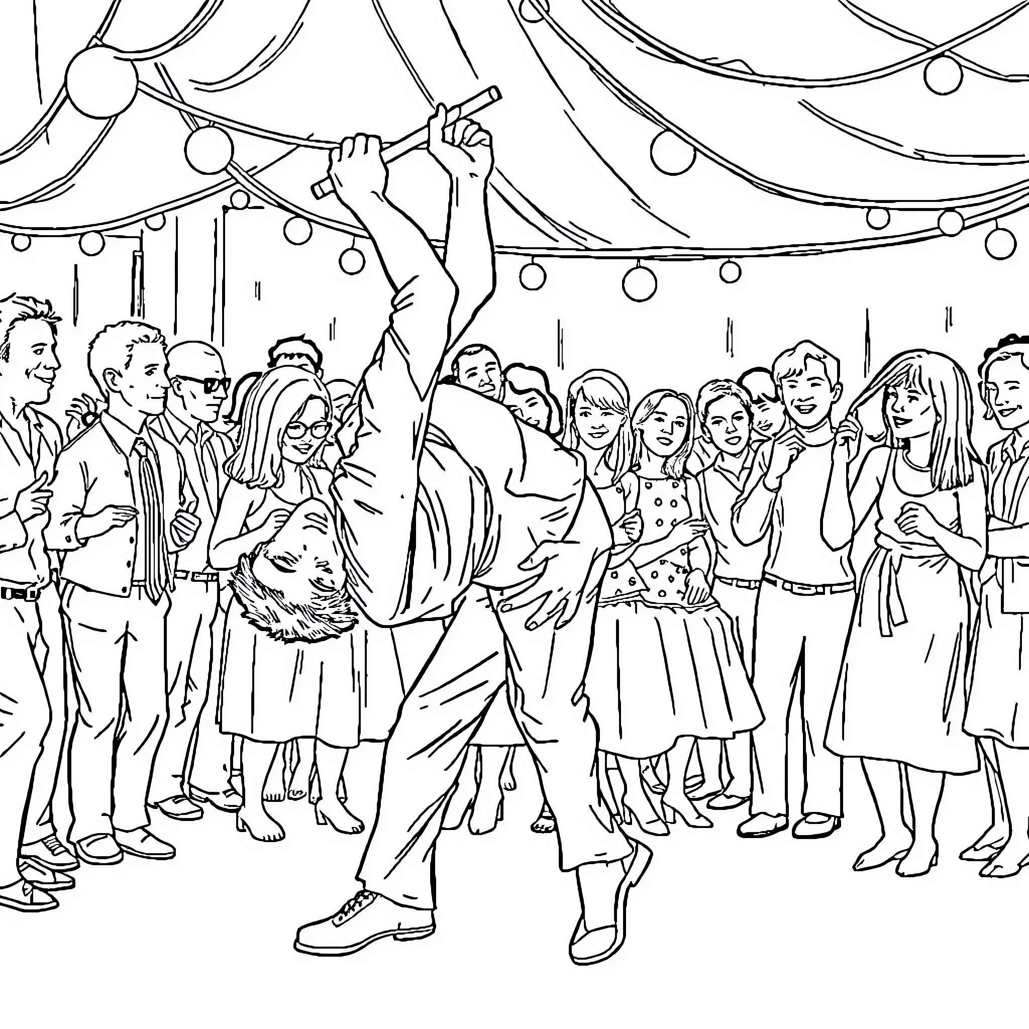 Man dancing enthusiastically at a lively party Coloring Page (free black-and-white line drawing printable PDF for all, from beginners to advanced learners, including children, teens, adults, and seniors)