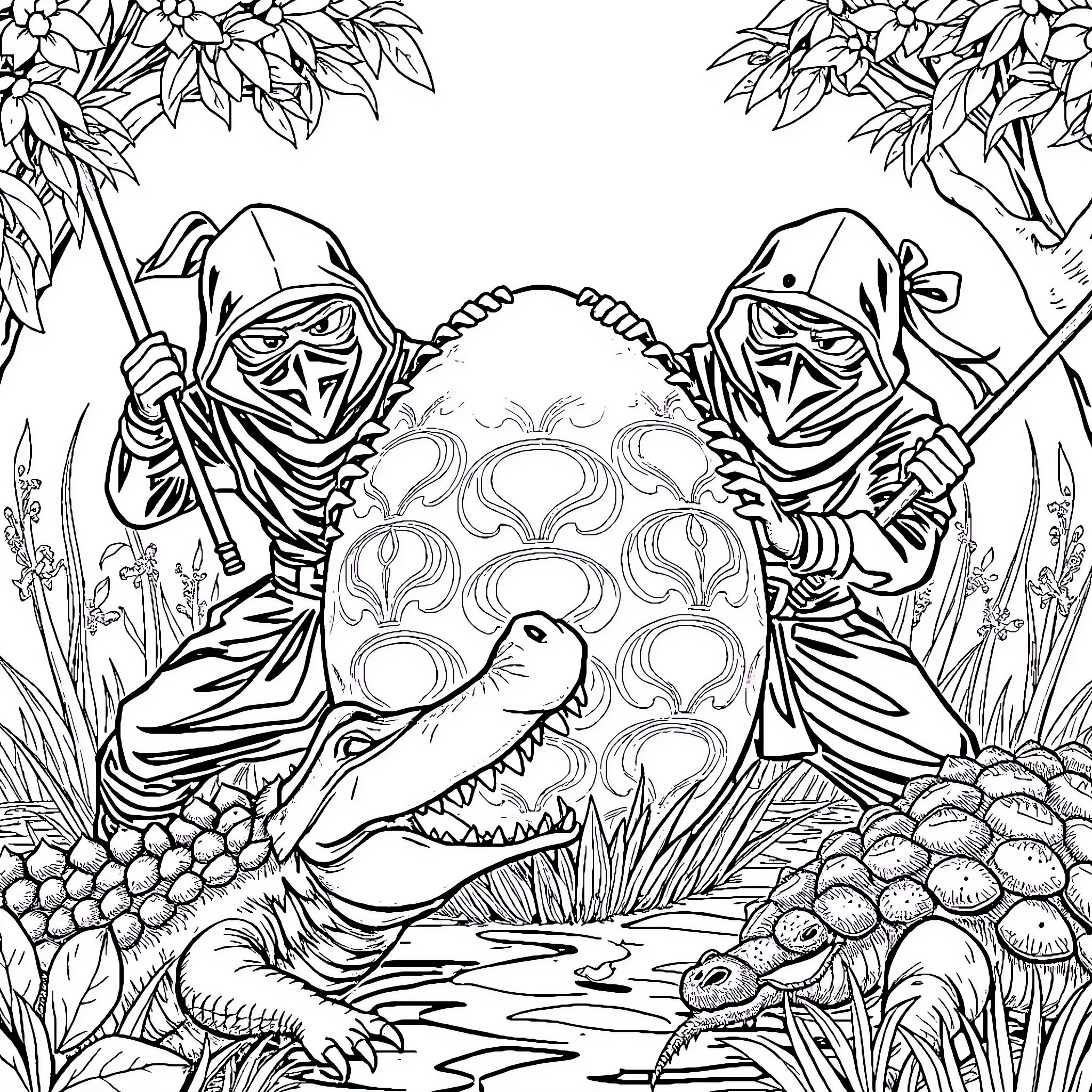 Ninja Warriors Guarding a Mysterious Creature Coloring Page (free black-and-white line drawing printable PDF for all, from beginners to advanced learners, including children, teens, adults, and seniors)