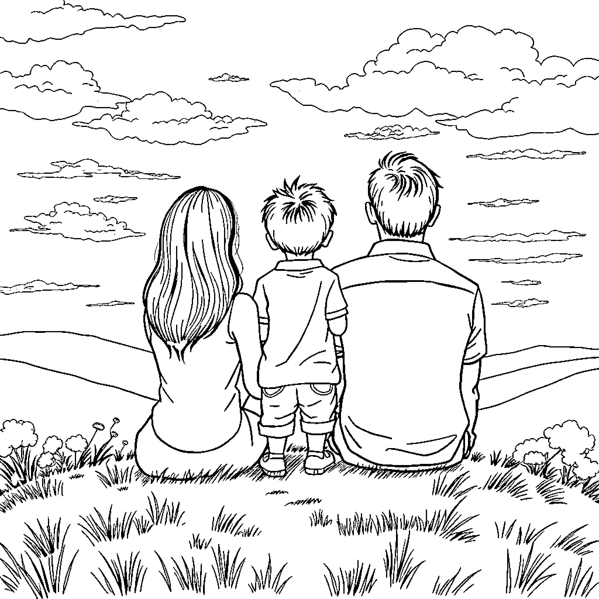 Family enjoying scenic outdoor view together Coloring Page (free black-and-white line drawing printable PDF for all, from beginners to advanced learners, including children, teens, adults, and seniors)