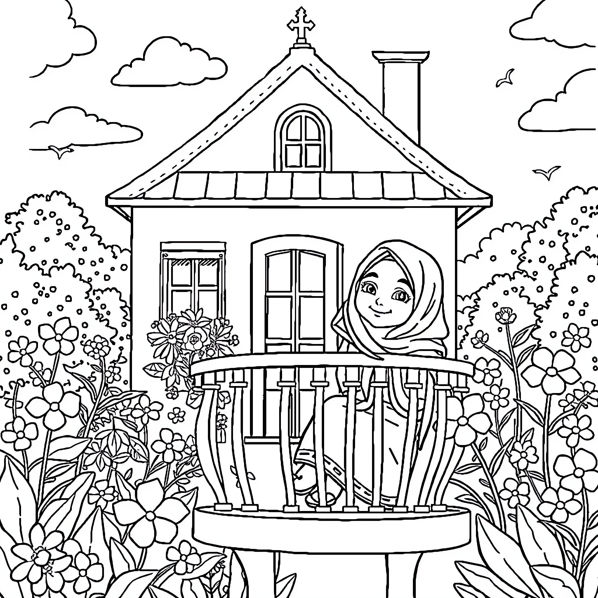 Muslim Girl Admiring Nature's Beauty at Home Coloring Page (free black-and-white line drawing printable PDF for all, from beginners to advanced learners, including children, teens, adults, and seniors)