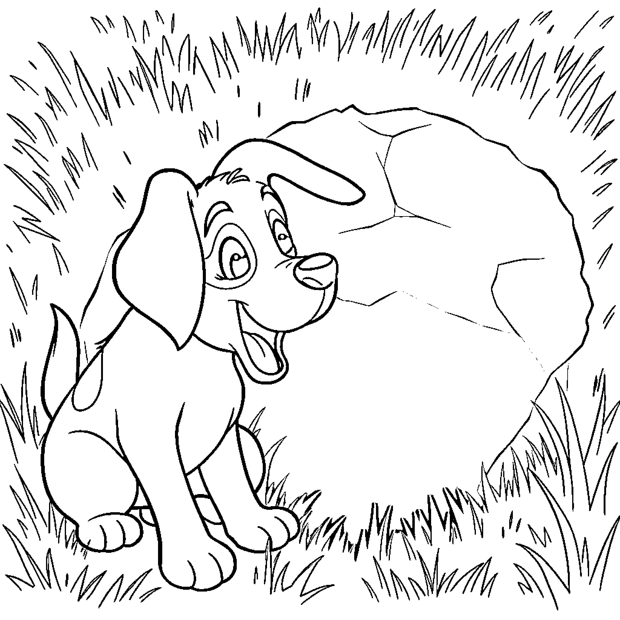 Dog happily exploring nature in the wilderness Coloring Page (free black-and-white line drawing printable PDF for all, from beginners to advanced learners, including children, teens, adults, and seniors)