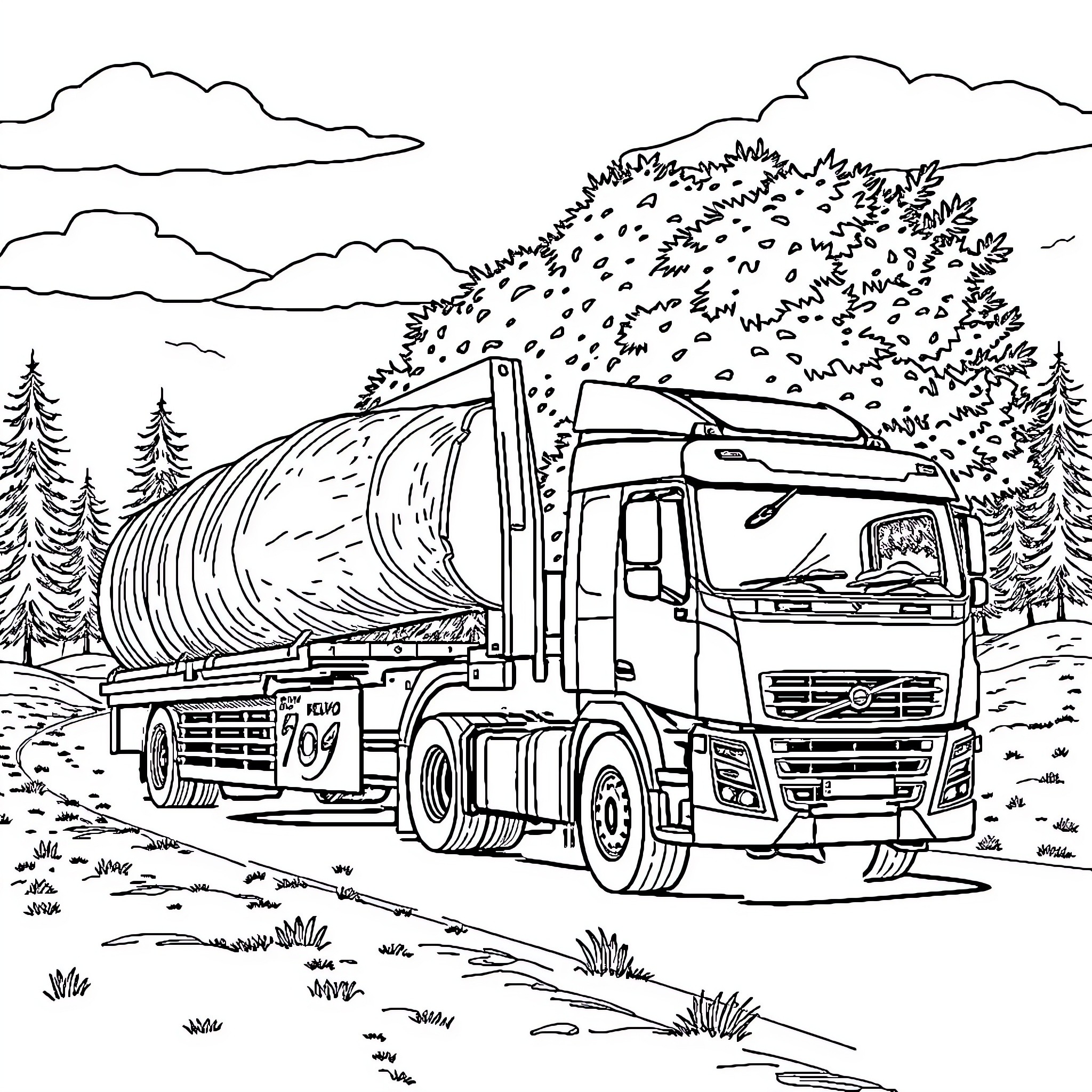 Truck transporting goods through scenic countryside Coloring Page (free black-and-white line drawing printable PDF for all, from beginners to advanced learners, including children, teens, adults, and seniors)