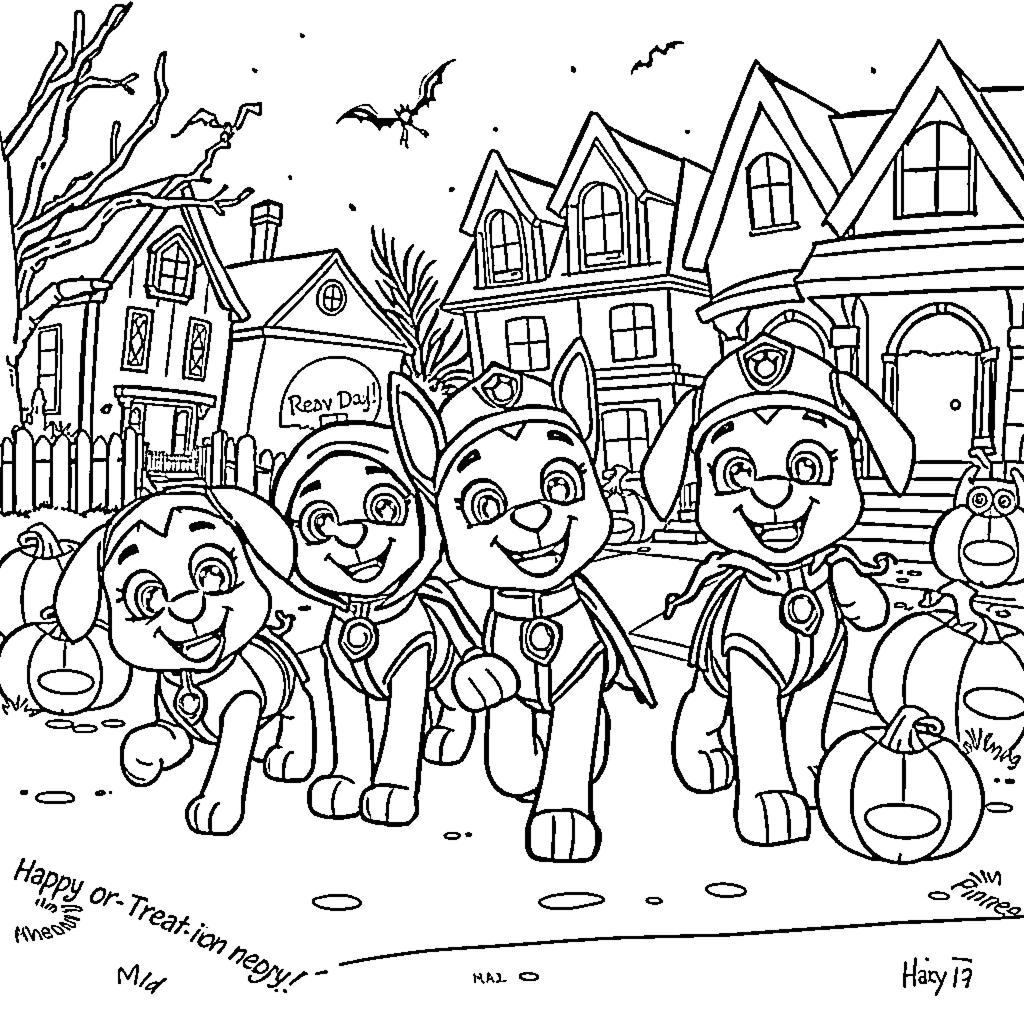 Paw Patrol Pups on Halloween Adventure Coloring Page (free black-and-white line drawing printable PDF for all, from beginners to advanced learners, including children, teens, adults, and seniors)