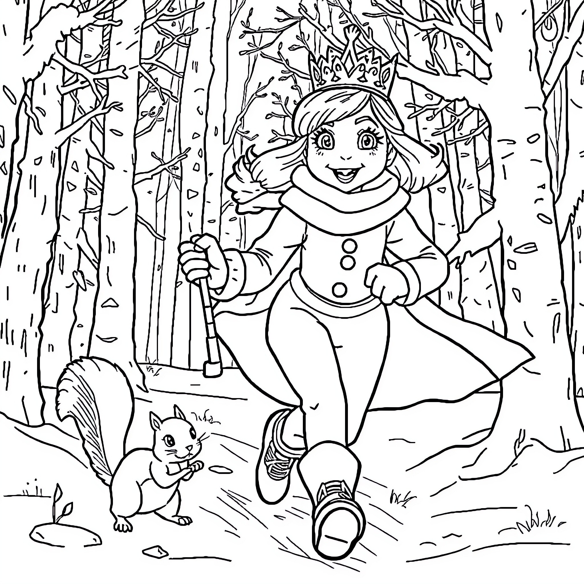 Hanna's Winter Wonder Exploration Coloring Page (free black-and-white line drawing printable PDF for all, from beginners to advanced learners, including children, teens, adults, and seniors)