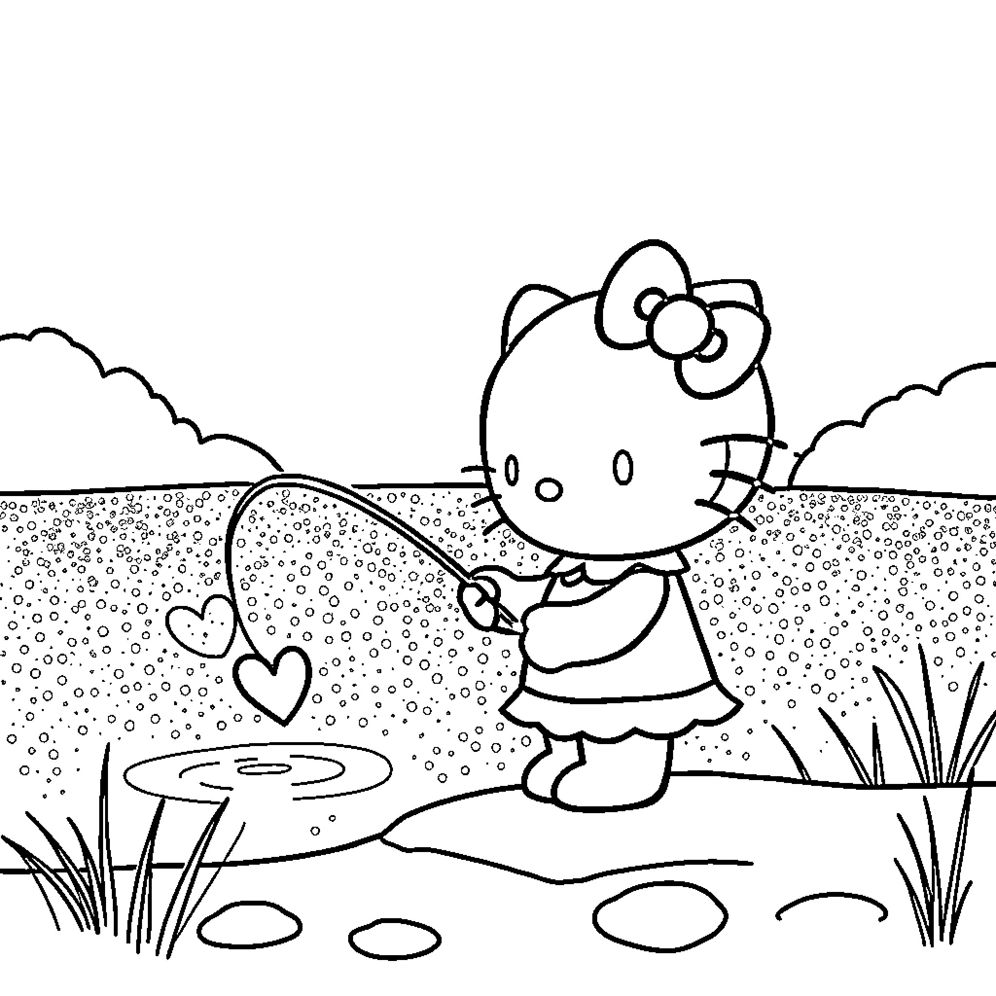 Hello Kitty enjoying nature with hearts Coloring Page (free black-and-white line drawing printable PDF for all, from beginners to advanced learners, including children, teens, adults, and seniors)