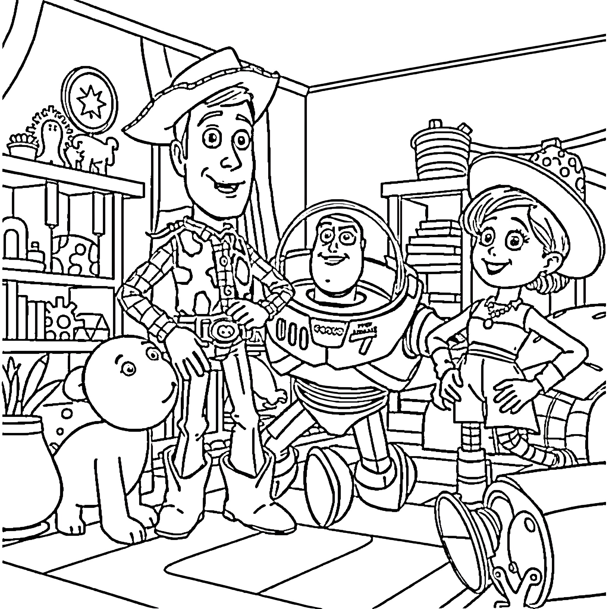 Toy Story Characters in Playful Adventure Coloring Page (free black-and-white line drawing printable PDF for all, from beginners to advanced learners, including children, teens, adults, and seniors)