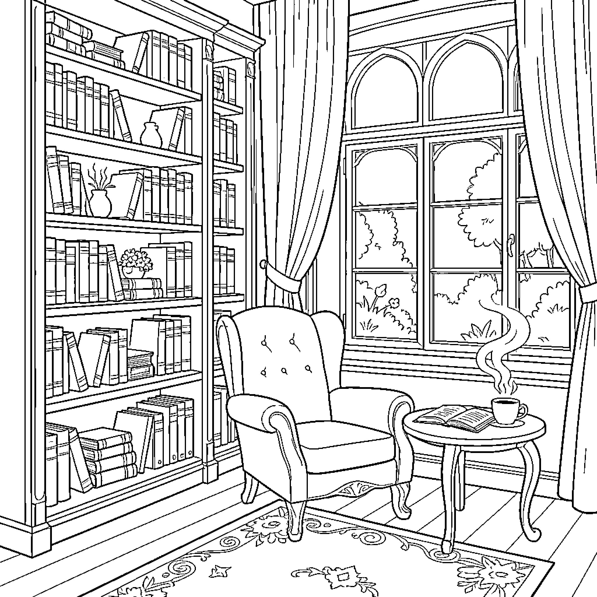Window to a Cozy Library Nook Coloring Page (free black-and-white line drawing printable PDF for all, from beginners to advanced learners, including children, teens, adults, and seniors)