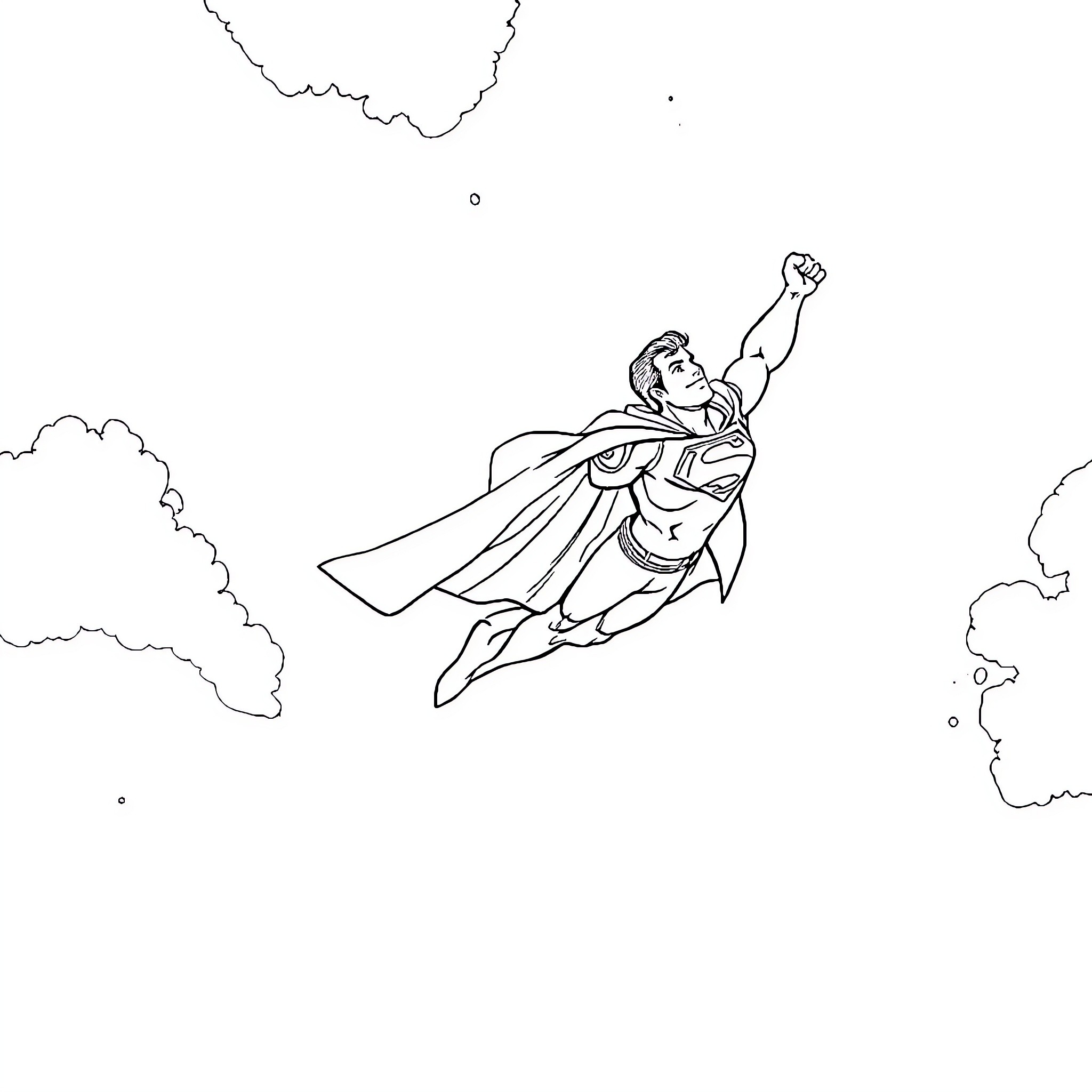 Superman soaring through the clouds Coloring Page (free black-and-white line drawing printable PDF for all, from beginners to advanced learners, including children, teens, adults, and seniors)