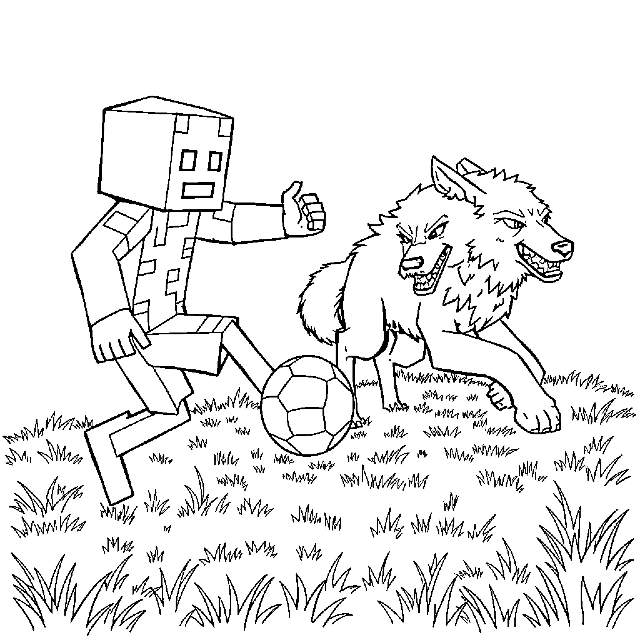 Enderman playing soccer with a fierce wolf Coloring Page (free black-and-white line drawing printable PDF for all, from beginners to advanced learners, including children, teens, adults, and seniors)