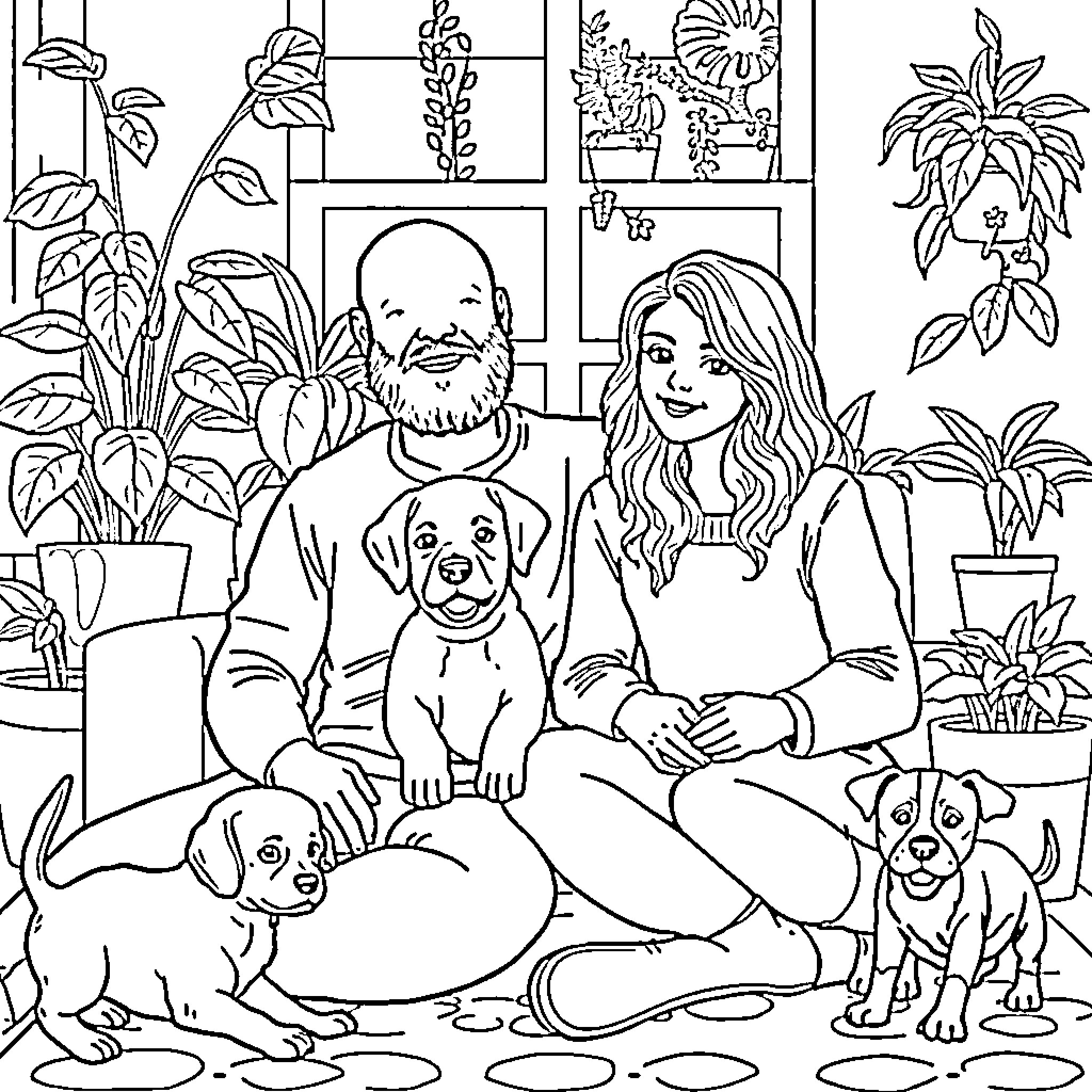 Dog family playing happily with their pets at home Coloring Page (free black-and-white line drawing printable PDF for all, from beginners to advanced learners, including children, teens, adults, and seniors)