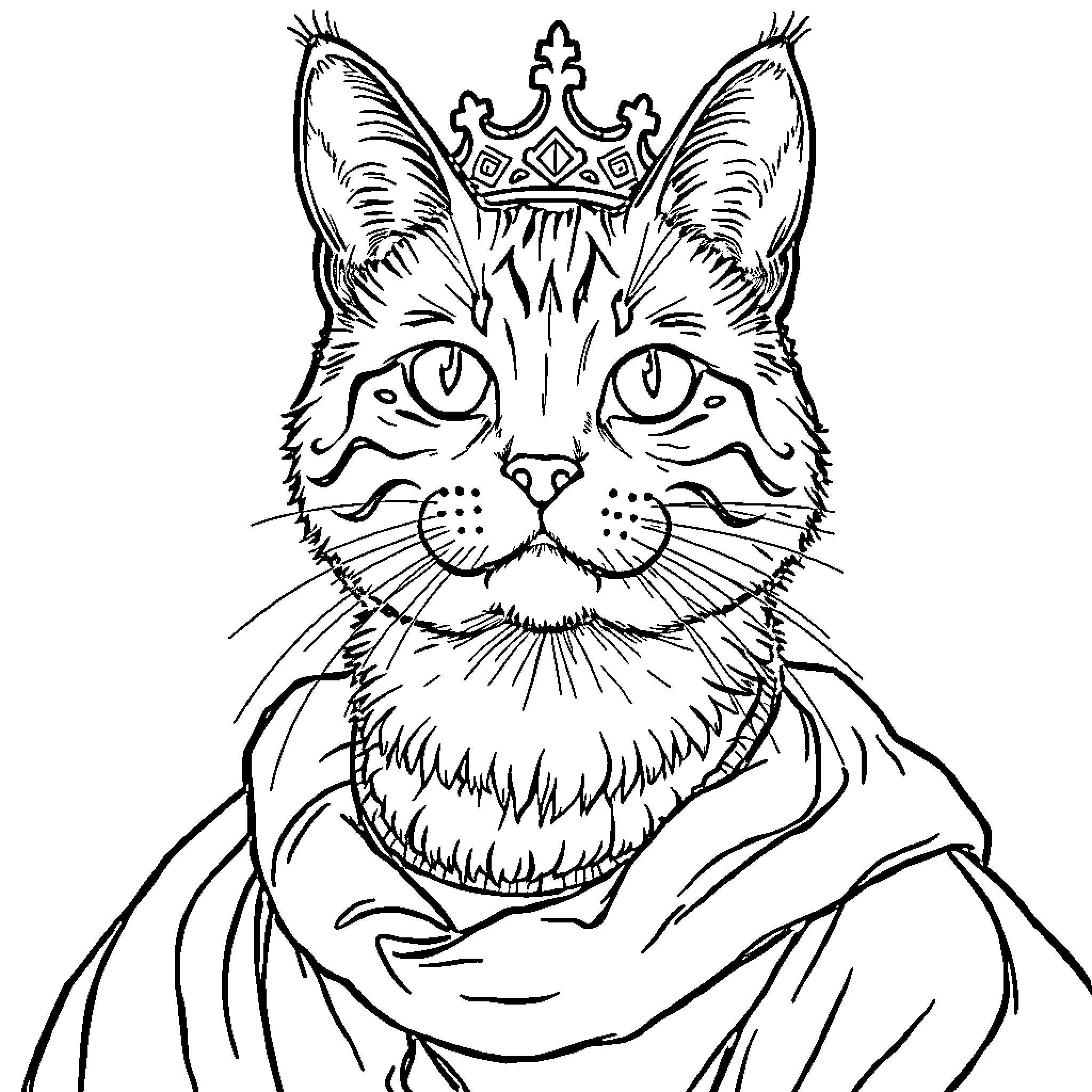 Kitten wearing a crown and cloak Coloring Page (free black-and-white line drawing printable PDF for all, from beginners to advanced learners, including children, teens, adults, and seniors)